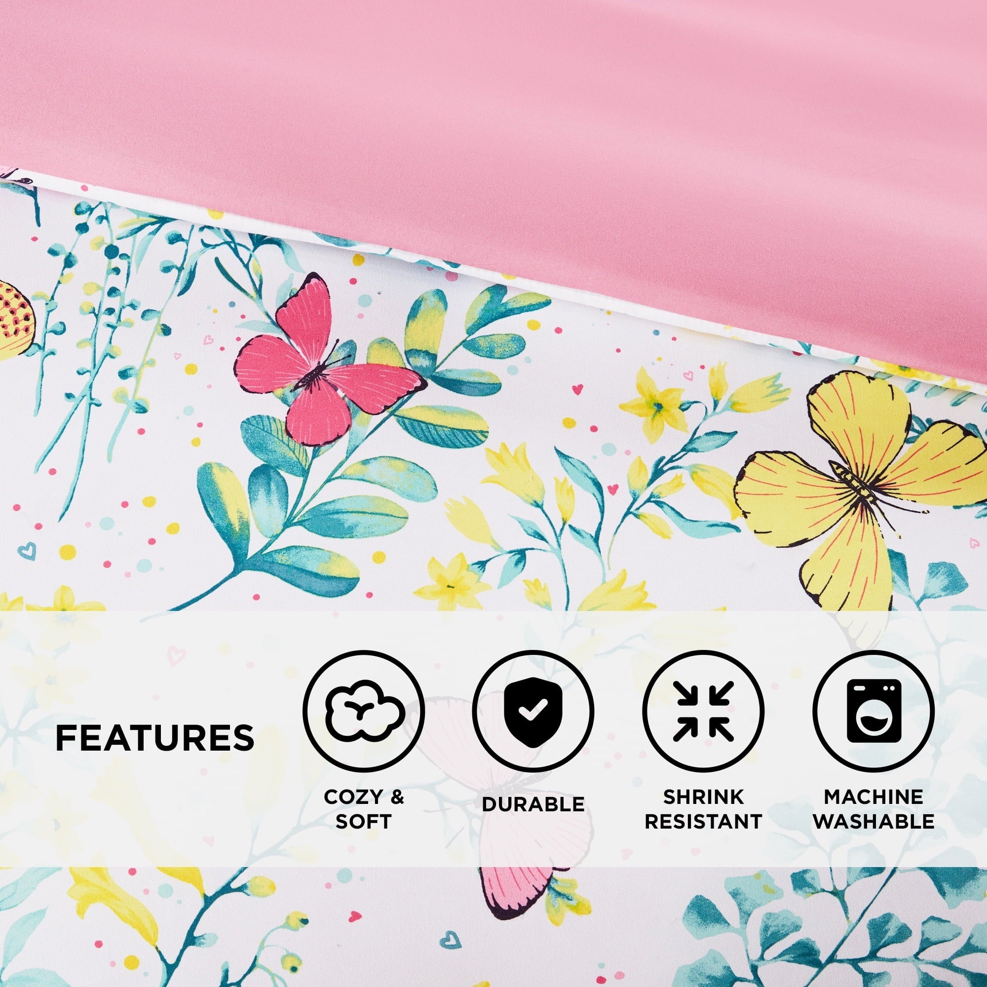 All-Season Full/Queen Size Comforter Sets, 4-Piece Kids Bedding Set for Girls, Butterfly Floral Comforter Bed Set, White/Pink - Cloud-Like Soft Lightweight Bed Comforter Detail