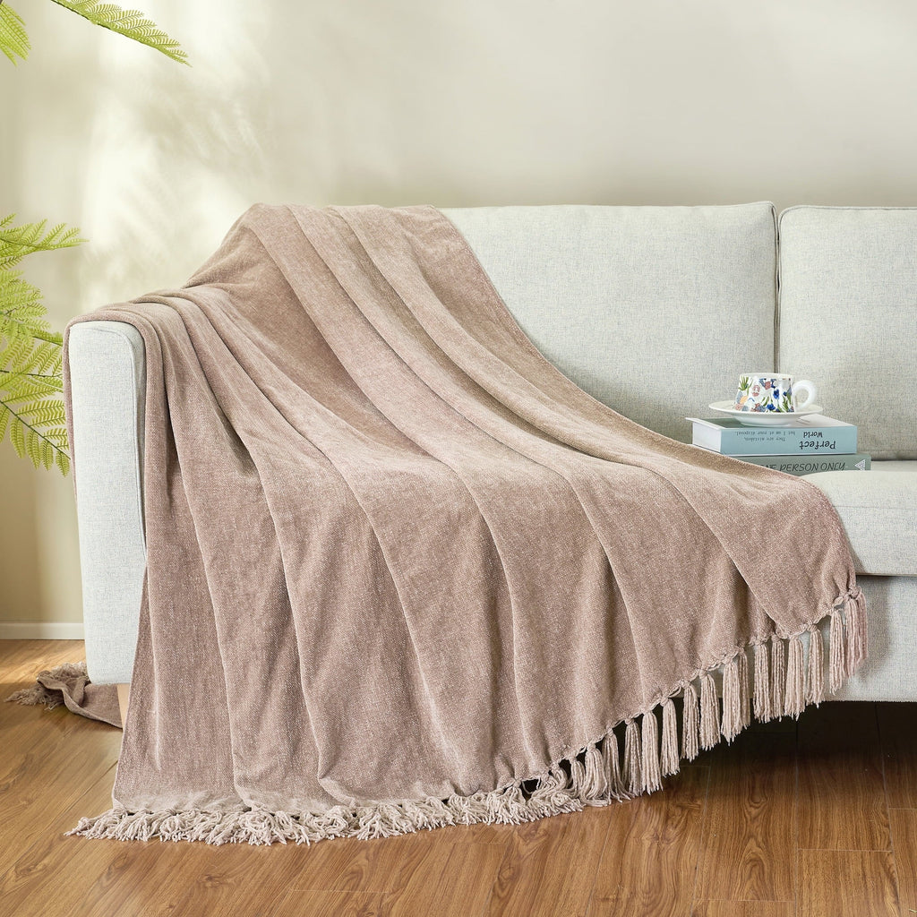 Lightweight Warm Chenille Throw Blanket with Fringe Tassel for Couch Sofa Chair Bed, Taupe 50" X 60" - Super Soft Reversible Sherpa Flannel Blanket Detail