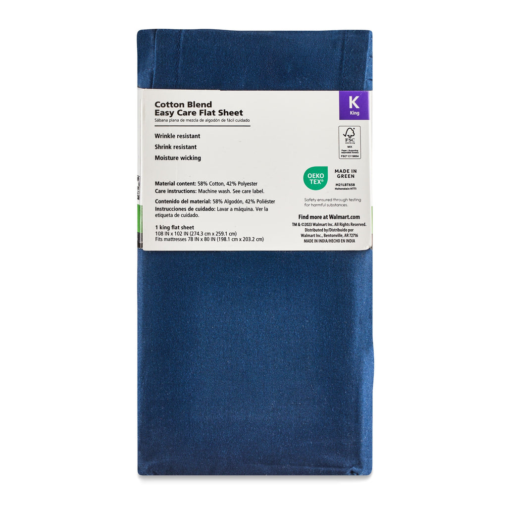 Wrinkle-Resistant 300 Thread Count Easy Care Blue Cove Cotton Blend Percale Flat Bed Sheet, King - Premium Ultra-Soft Pillowcase Pair for Sleeping Detail