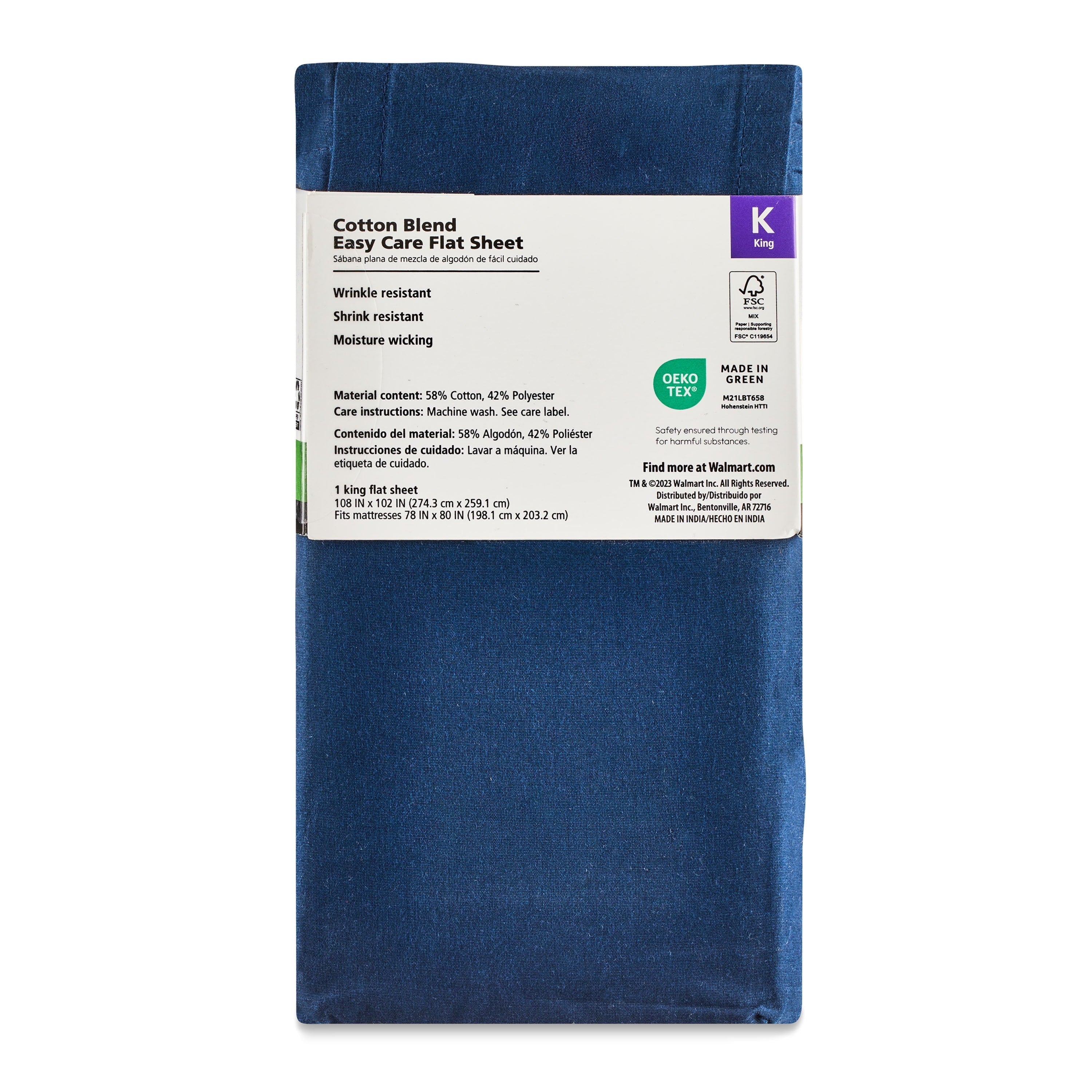 Wrinkle-Resistant 300 Thread Count Easy Care Blue Cove Cotton Blend Percale Flat Bed Sheet, King - Premium Ultra-Soft Pillowcase Pair for Sleeping Detail