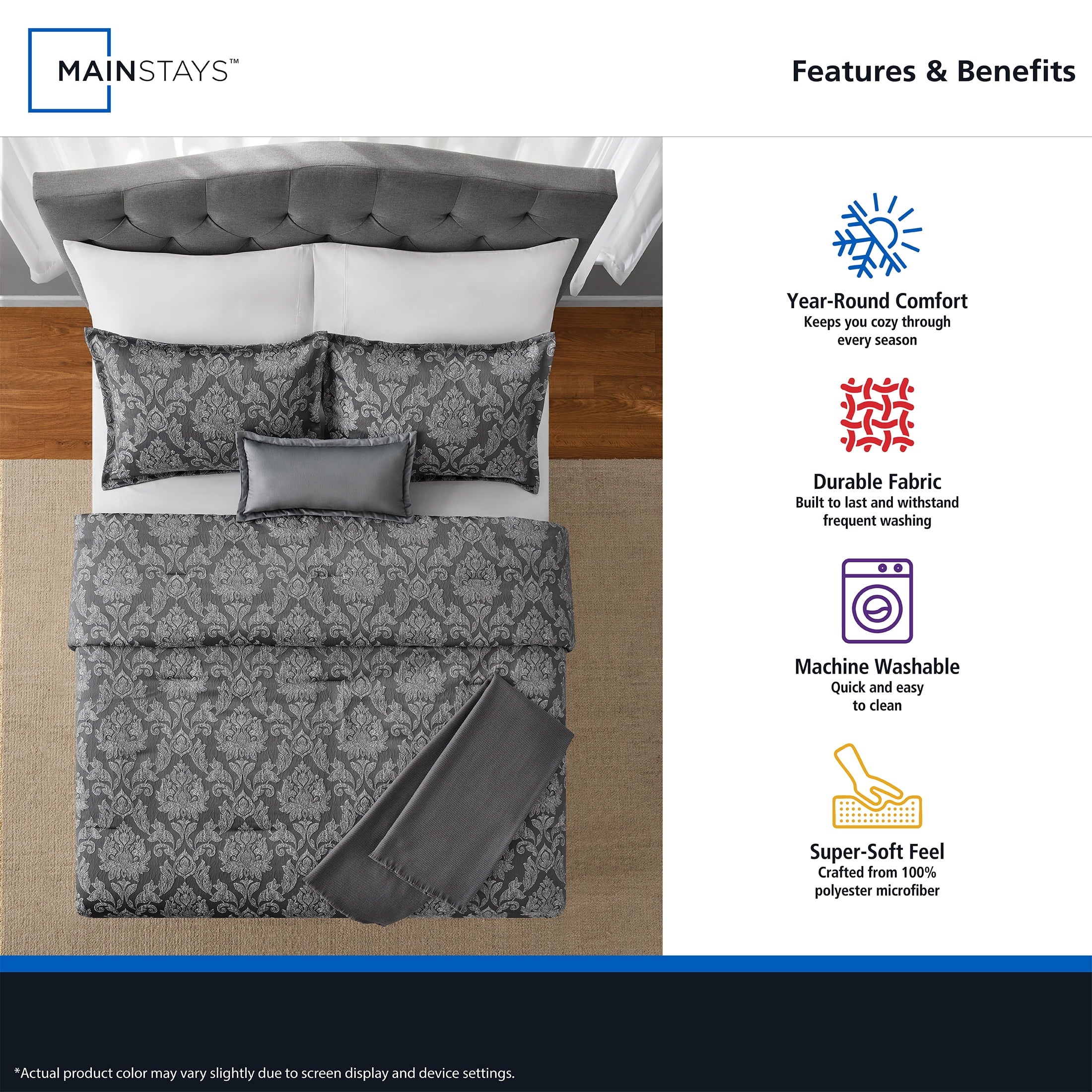 All-Season Full/Queen Comforter Set, All-Season, 5-Piece, Grey Jacquard Damask - Hypoallergenic Ultra-Fluffy Quilt for Winter Detail
