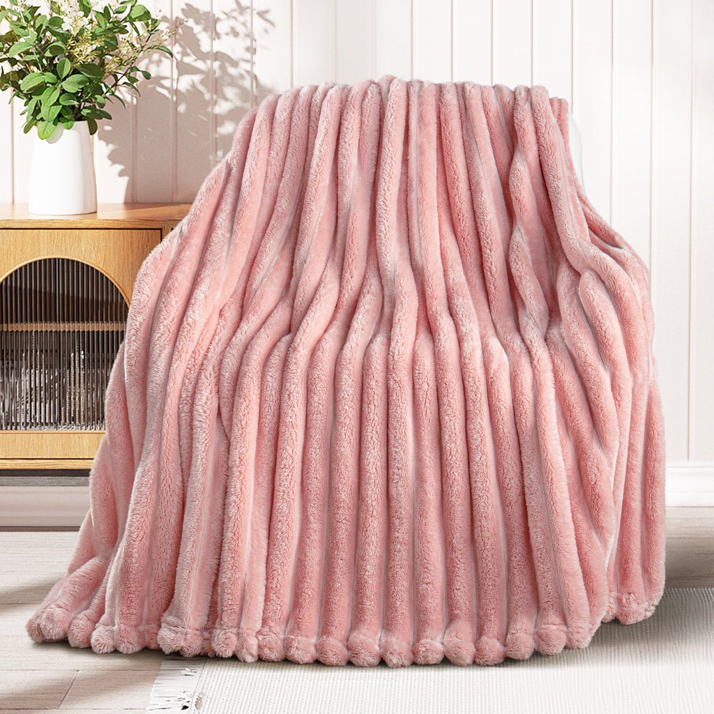 Super Soft Flannel Fleece Throw Blanket for Couch, Super Soft 3D Striped Jacquard Blanket, Lightweight Fuzzy Cozy Blankets, Pink, 50"x60" - Super Soft Reversible Sherpa Flannel Blanket Detail