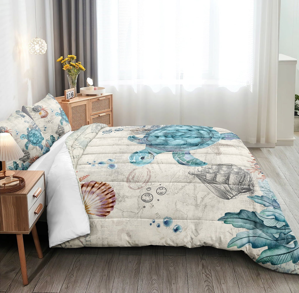 All-Season Sea Turtle Comforter Set Queen Ocean Beach Bedding Set Soft and Lightweight Retro Style Design Coastal Bedding Set - Cloud-Like Soft Lightweight Bed Comforter Detail