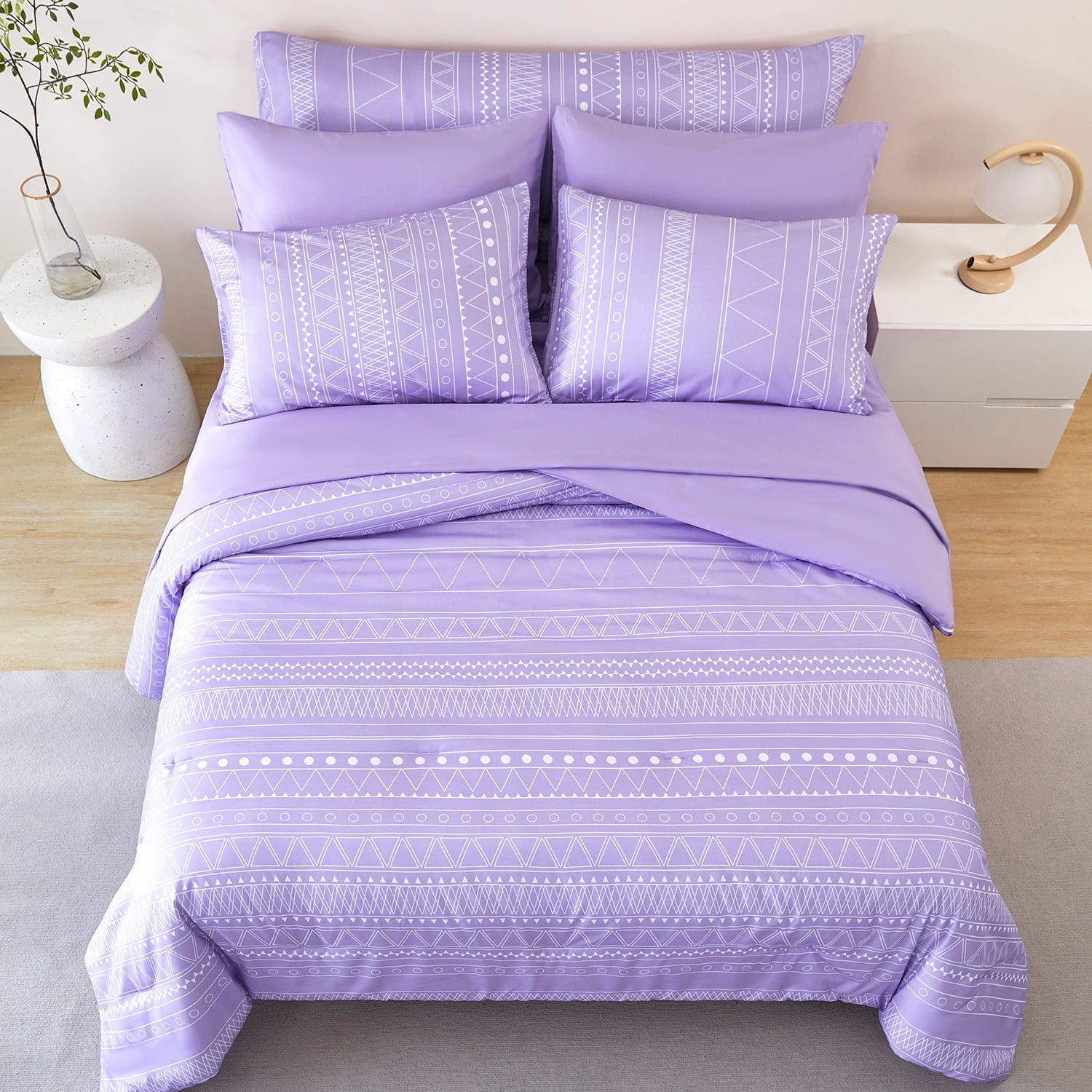 Hypoallergenic Cloud 8-Pieces Boho Bedding Set Full Lavender Striped Bed in a Bag for Girls Women Soft Fluffy Purple Comforter Set with Sh... - Luxurious Quilted Duvet Cover Set Detail