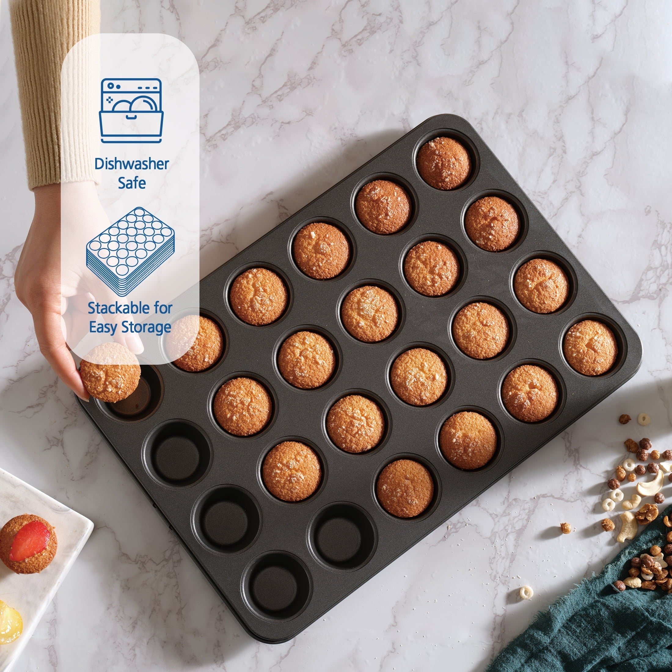 Ergonomic Manual 24 Cavity Mini Muffin Pan, Non-Stick Bakeware,1.8 inch Diameter Cups,Gray,Carbon Steel - Multi-Functional Manual Food Chopper & Slicer Detail