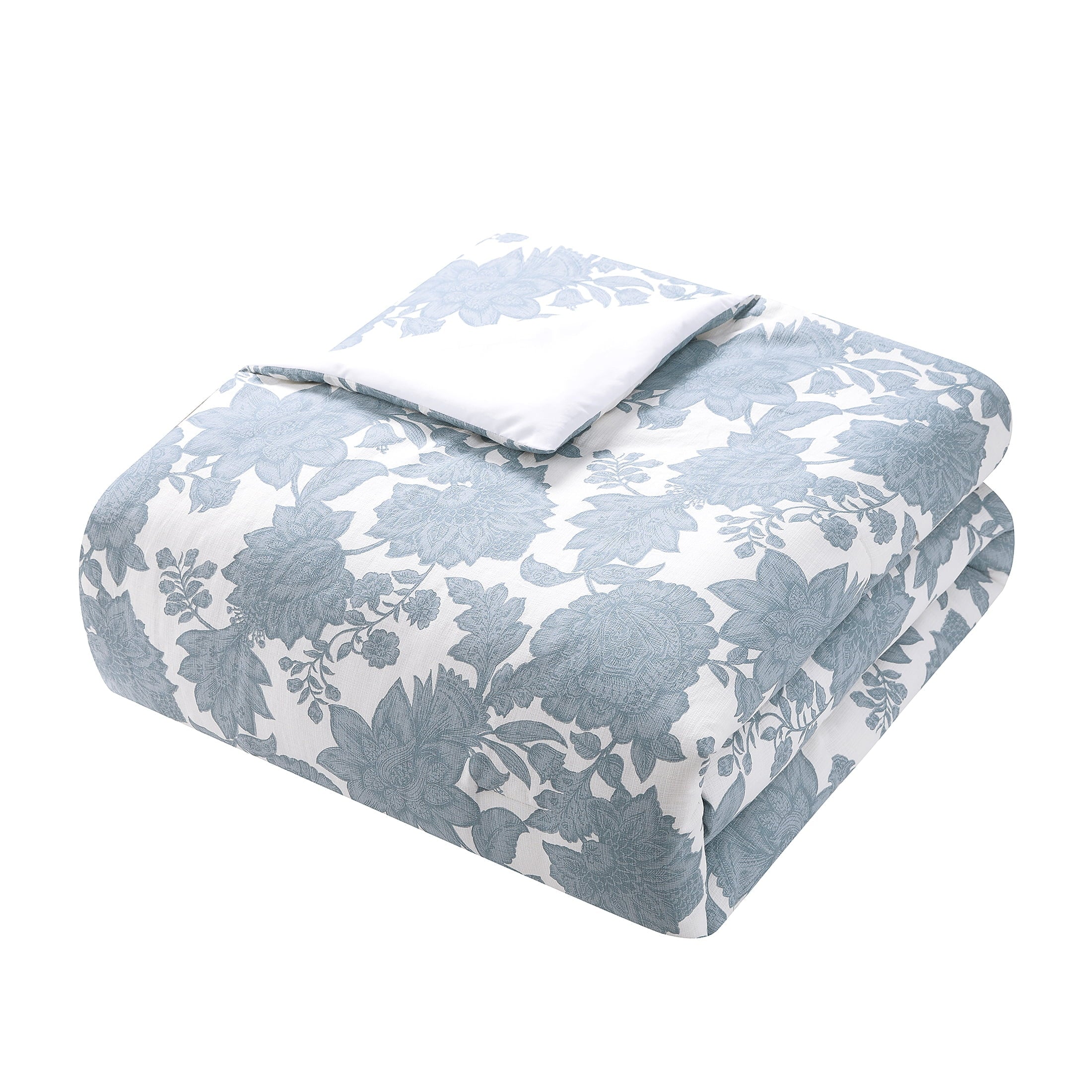 Luxurious Quilted Veronica 3-Piece Blue Floral Cotton Slub Comforter Set, King - Hypoallergenic Ultra-Fluffy Quilt for Winter Detail