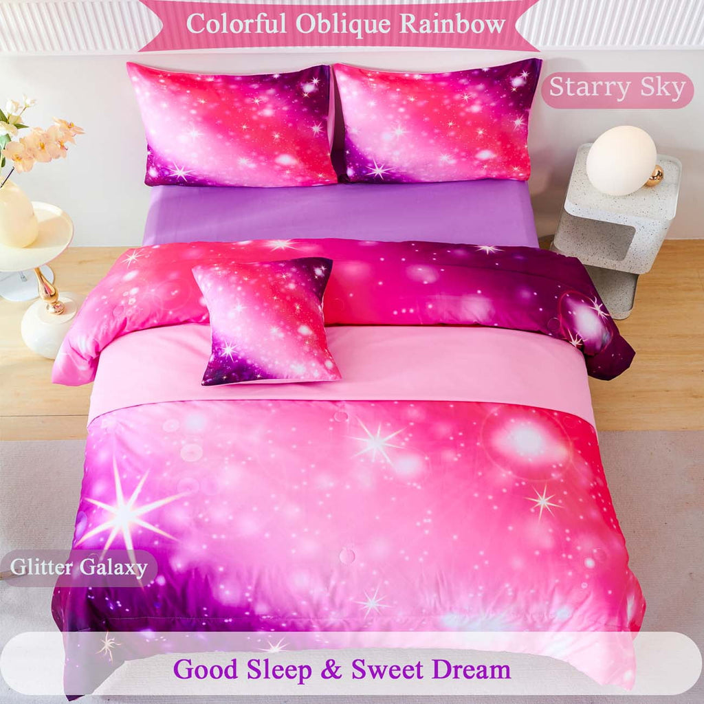 All-Season 4Pcs Rainbow Twin Size Comforter Set for Girls, Pink Purple Gradient Glitter Kids Bedding Sets, Soft Galaxy Girls Bed... - Cloud-Like Soft Lightweight Bed Comforter Detail