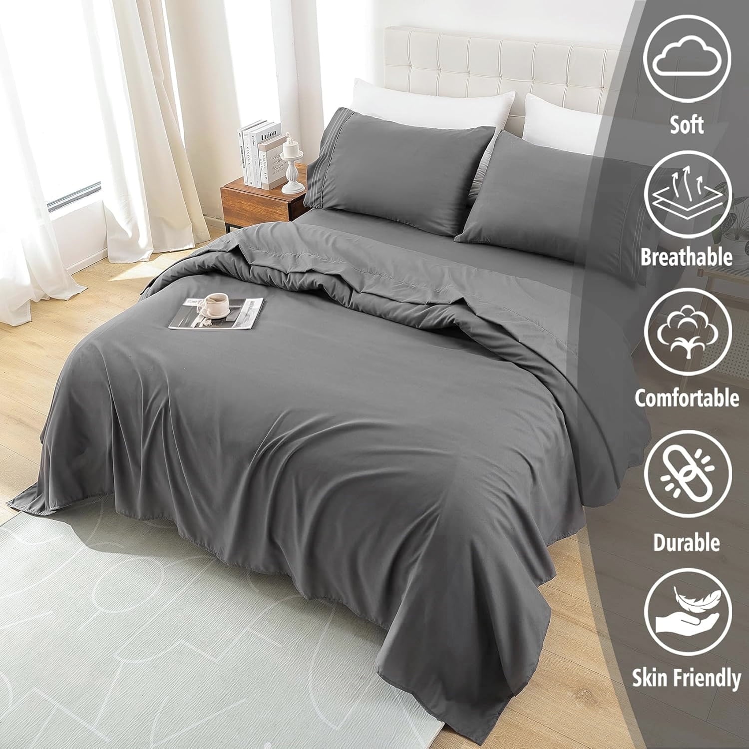 Breathable Luxury 4 Piece Bed Sheet Set, Queen Size Upgraded Cooling Deep Pocket Comfy Breathable Hotel Luxury Bedding, Extra Soft Wrin... - Premium Ultra-Soft Pillowcase Pair for Sleeping Detail