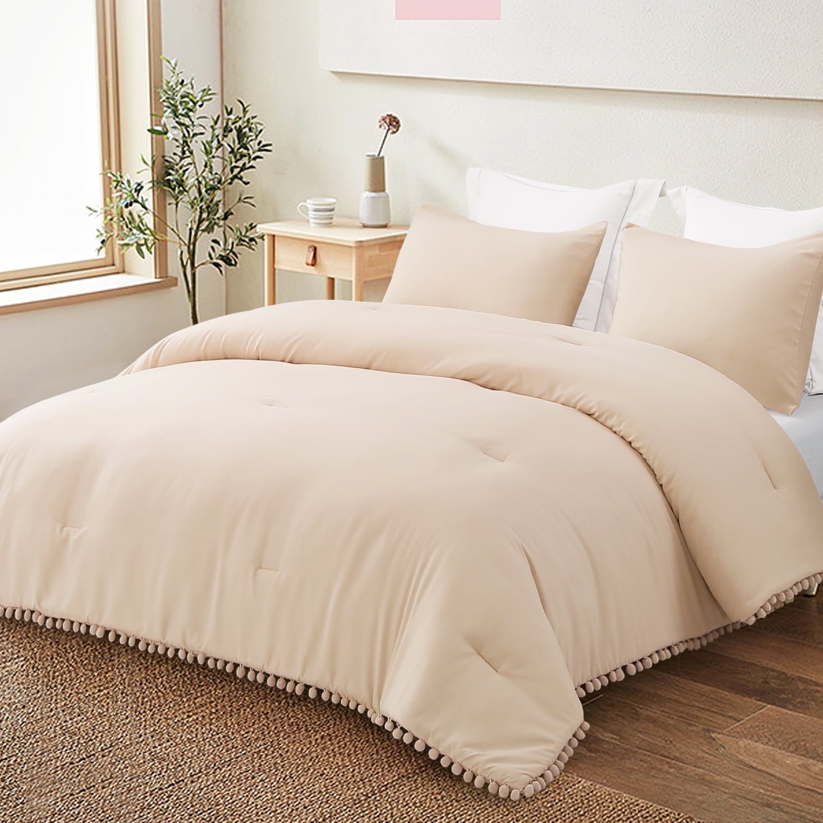 All-Season Boho Pom Pom Ball Fringe King Size Comforter Set, 3 Pieces Beige Lightweight Down Alternative Bedding Comforter Sets ... - Cloud-Like Soft Lightweight Bed Comforter Detail