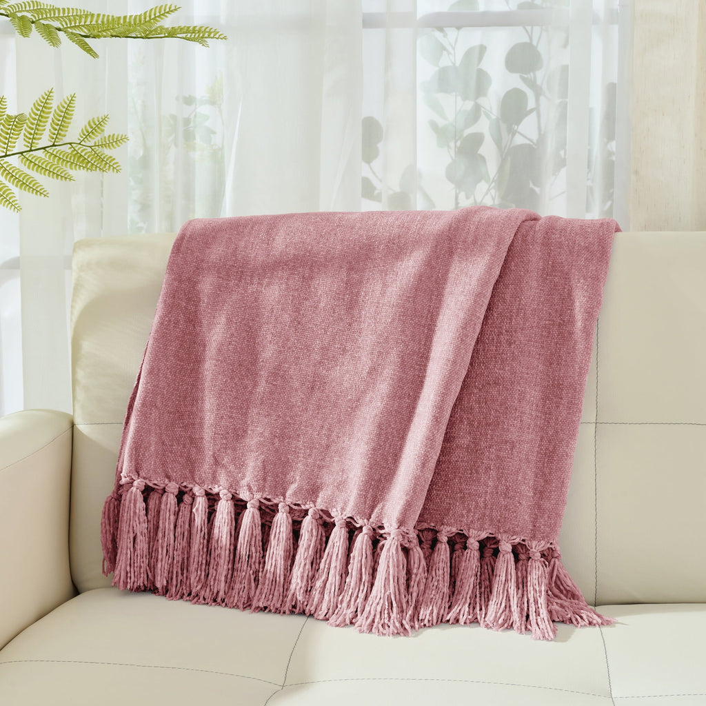 Decorative Knitted Chenille Throw Blanket with Fringe Tassel for Couch Sofa Chair Bed, Mauve 50" X 70" - Super Soft Reversible Sherpa Flannel Blanket Detail