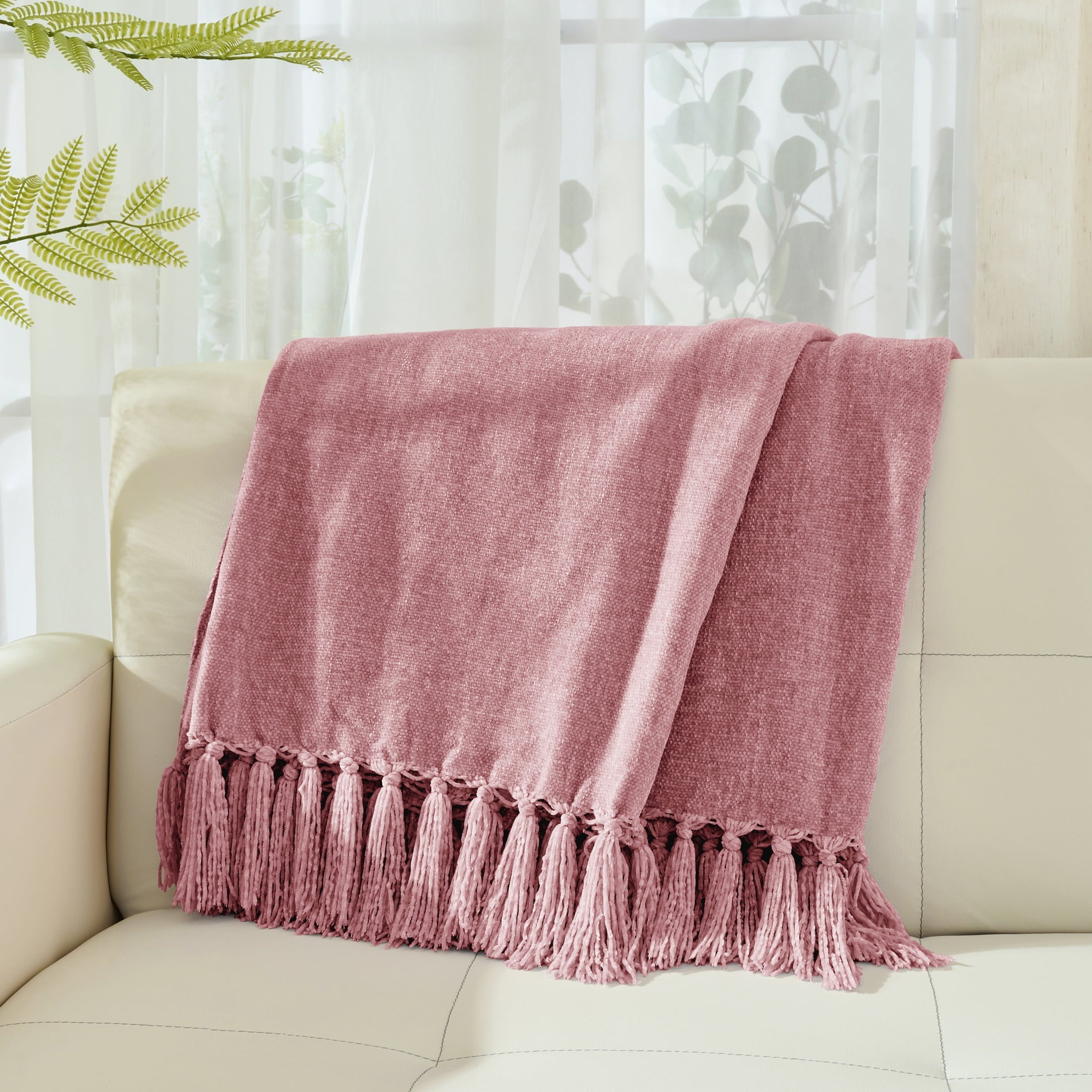 Decorative Knitted Chenille Throw Blanket with Fringe Tassel for Couch Sofa Chair Bed, Mauve 50" X 70" - Super Soft Reversible Sherpa Flannel Blanket Detail