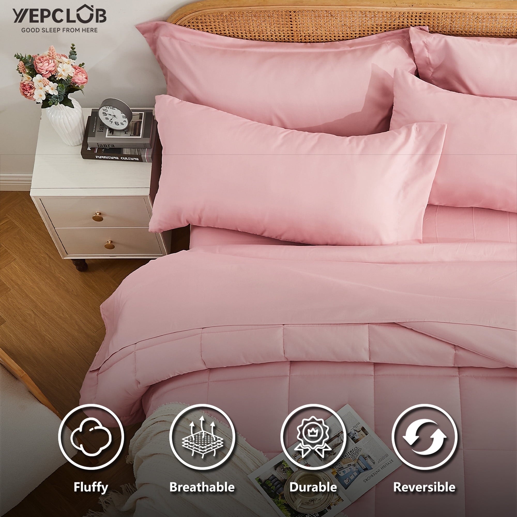 Fluffy Down Alternative 7-Piece Queen Size Comforter Set,Pink Reversible Bed in a Bag,All Season Solid Bedding Set with Sheets,Pillowcases & ... - Luxurious Quilted Duvet Cover Set Detail