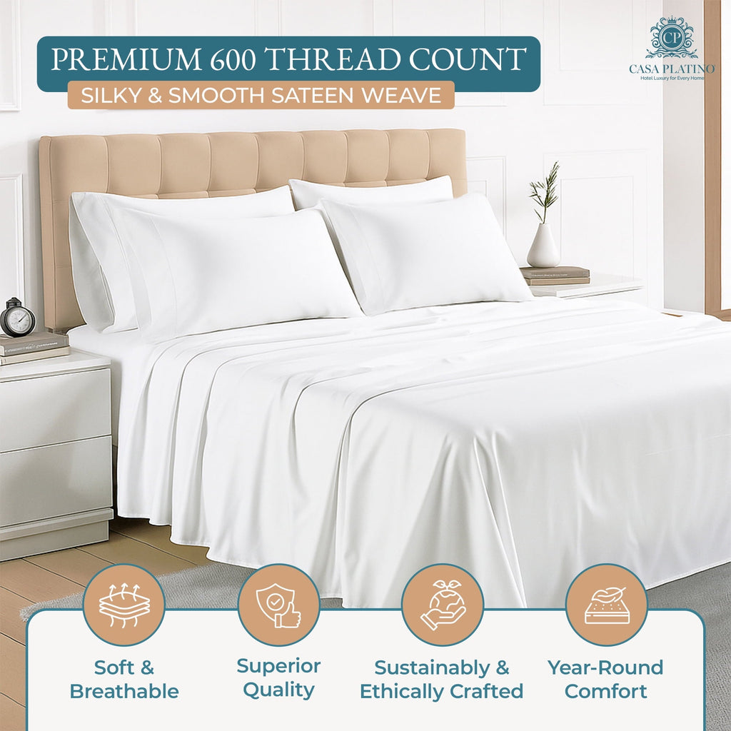 Breathable Luxury Bed Sheets Set – 6 Piece, 600 Thread Count, 100% Cotton Sheets, Hotel Luxury Sateen Finish, 15" Deep Pocket, Easy to ... - Premium Ultra-Soft Pillowcase Pair for Sleeping Detail