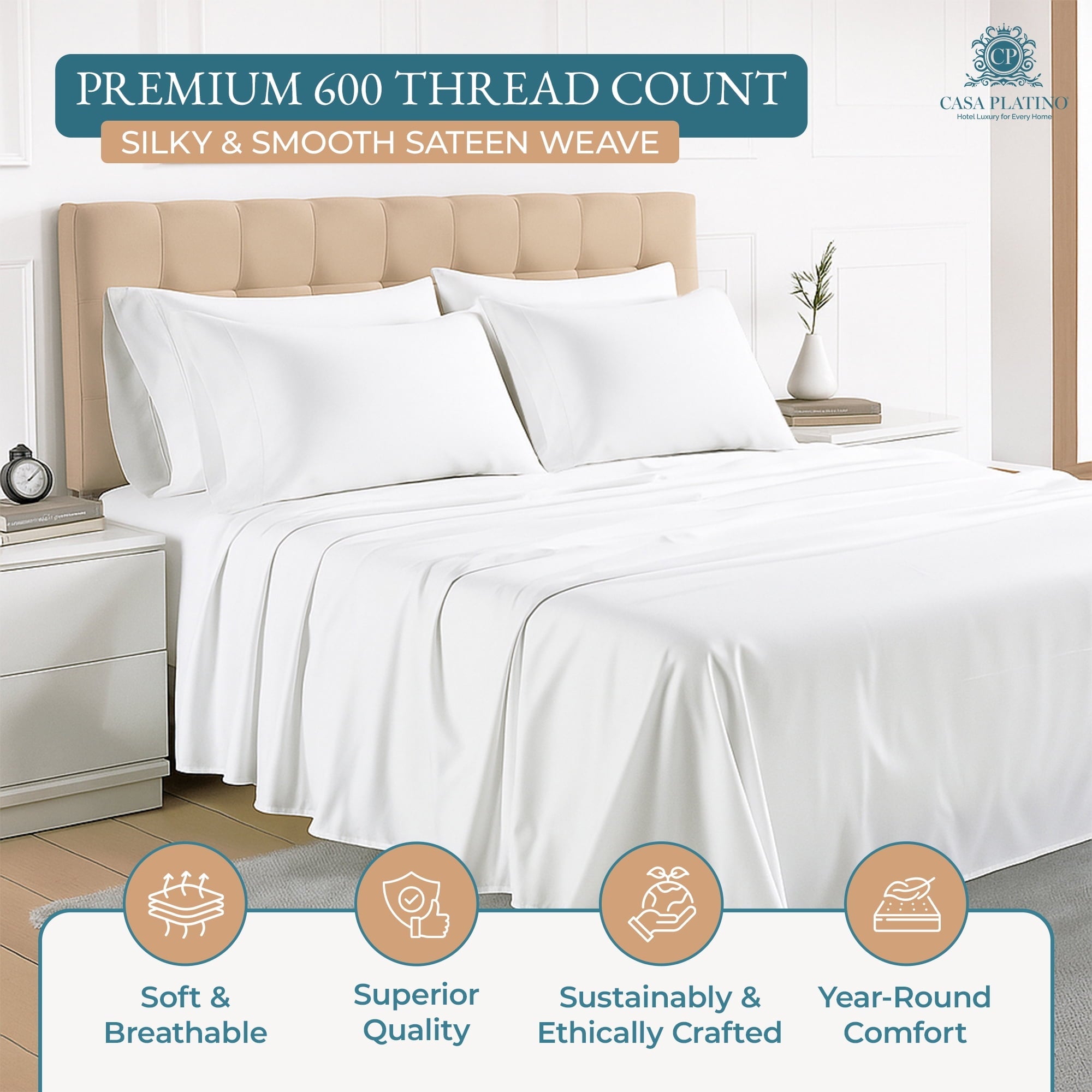 Breathable Luxury Bed Sheets Set – 6 Piece, 600 Thread Count, 100% Cotton Sheets, Hotel Luxury Sateen Finish, 15" Deep Pocket, Easy to ... - Premium Ultra-Soft Pillowcase Pair for Sleeping Detail