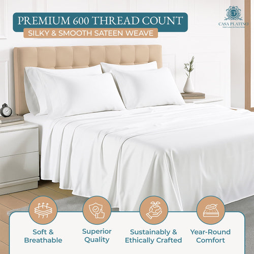 Breathable Luxury Bed Sheets Set – 6 Piece, 600 Thread Count, 100% Cotton Sheets, Hotel Luxury Sateen Finish, 15" Deep Pocket, Easy to ... - Premium Ultra-Soft Pillowcase Pair for Sleeping Detail