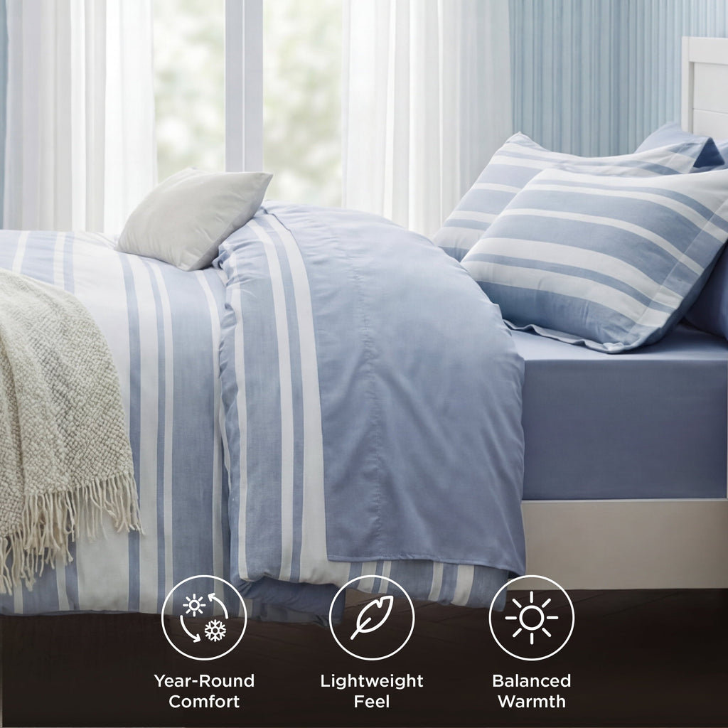 Luxurious Quilted Queen Comforter Set Blue, Bed in a Bag Queen Size Bedding 7-Pieces, Striped Bedding Set for All Seasons - Luxurious Quilted Duvet Cover Set Detail