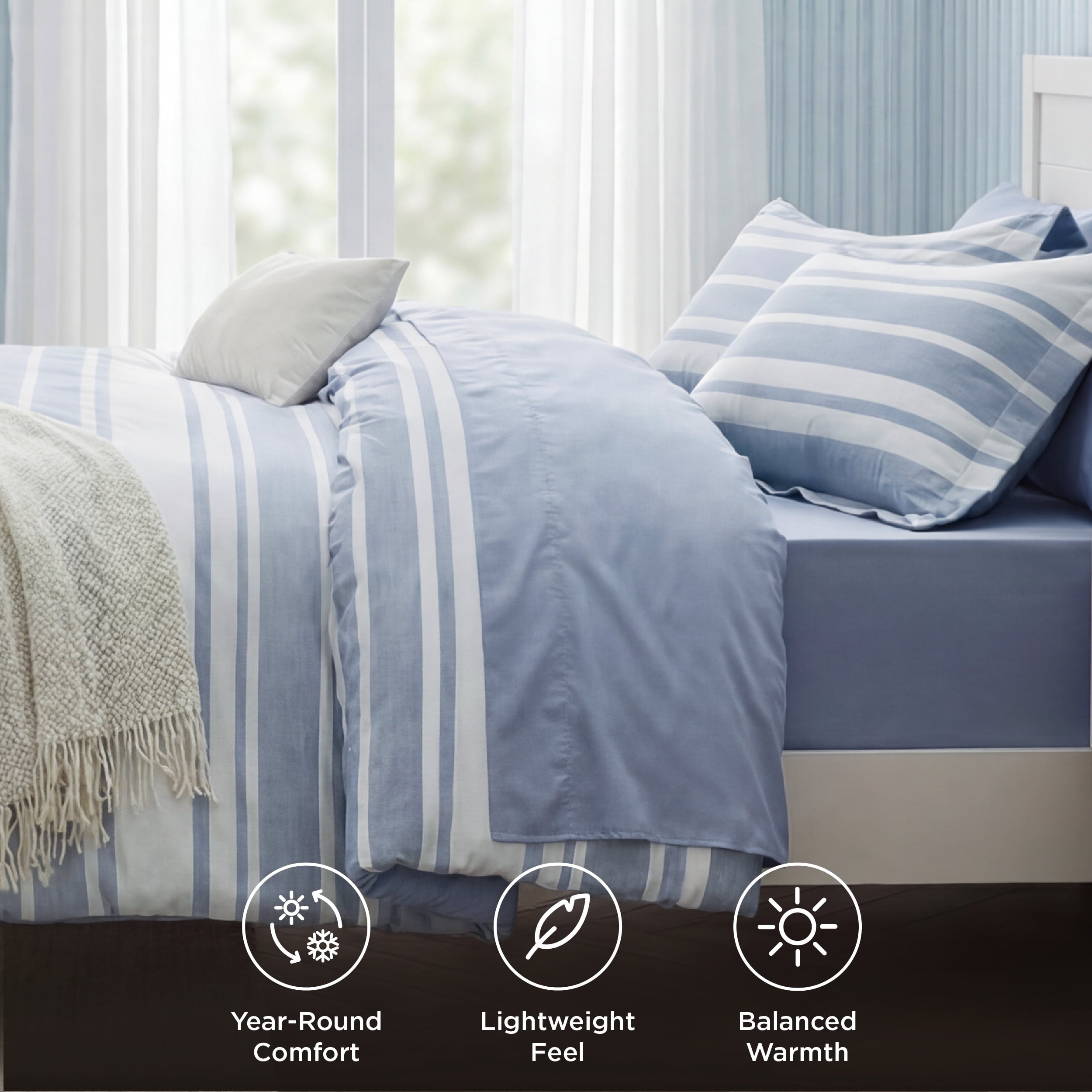Luxurious Quilted Queen Comforter Set Blue, Bed in a Bag Queen Size Bedding 7-Pieces, Striped Bedding Set for All Seasons - Luxurious Quilted Duvet Cover Set Detail