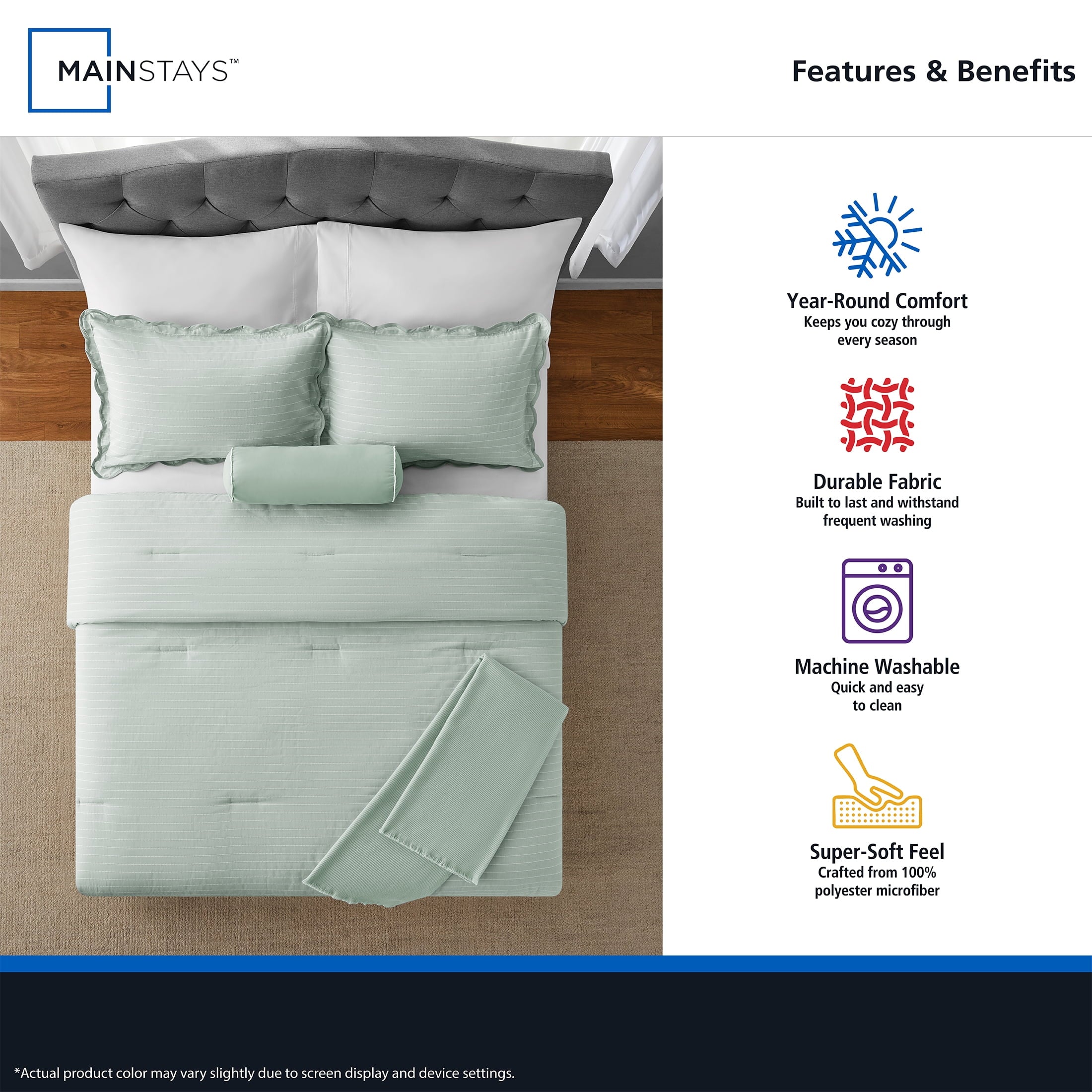 Heavyweight Warmth Full/Queen Comforter Set, All-Season, 5-Piece, Sage Pick Stitch Scallop - Hypoallergenic Ultra-Fluffy Quilt for Winter Detail