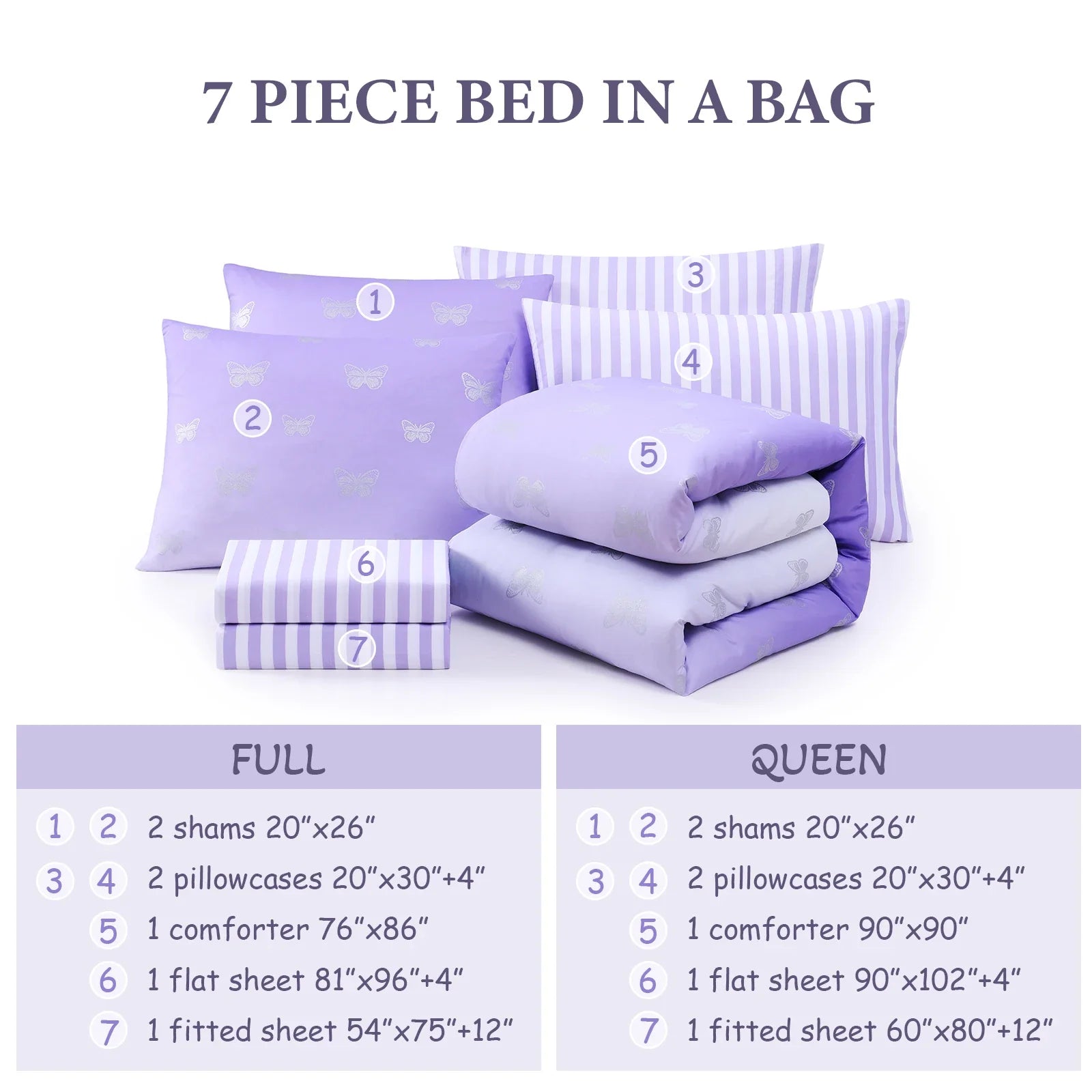Heavyweight Warmth gold foil Design 7-piece Bed in a Bag Comforter Set with Sheets,Purple/Silver Butterflies,Full - Cloud-Like Soft Lightweight Bed Comforter Detail