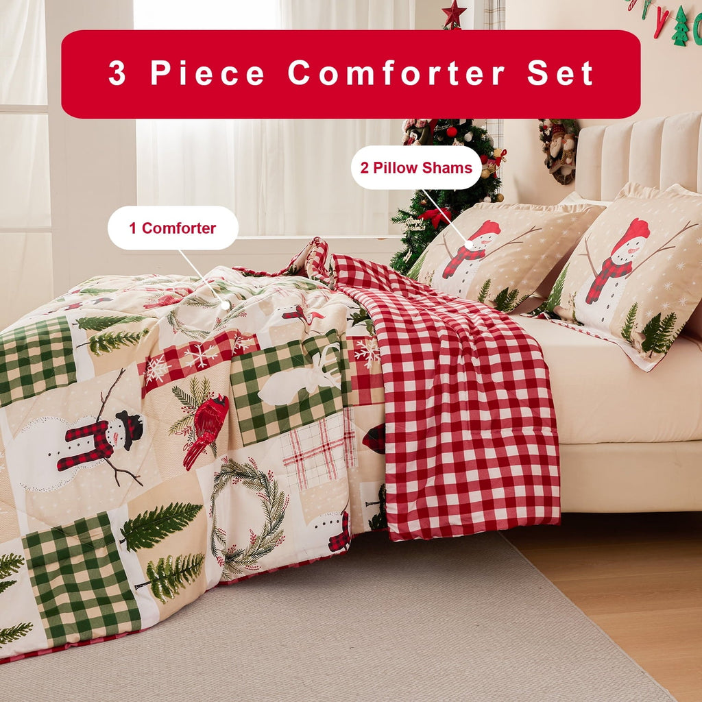 Heavyweight Warmth 3 Pcs Christmas Comforter Set, Bed in a Bag Wreath Snowman Queen/Full Size Xmas Bedding Set Fitted Pillowcases for Adult - Hypoallergenic Ultra-Fluffy Quilt for Winter Detail
