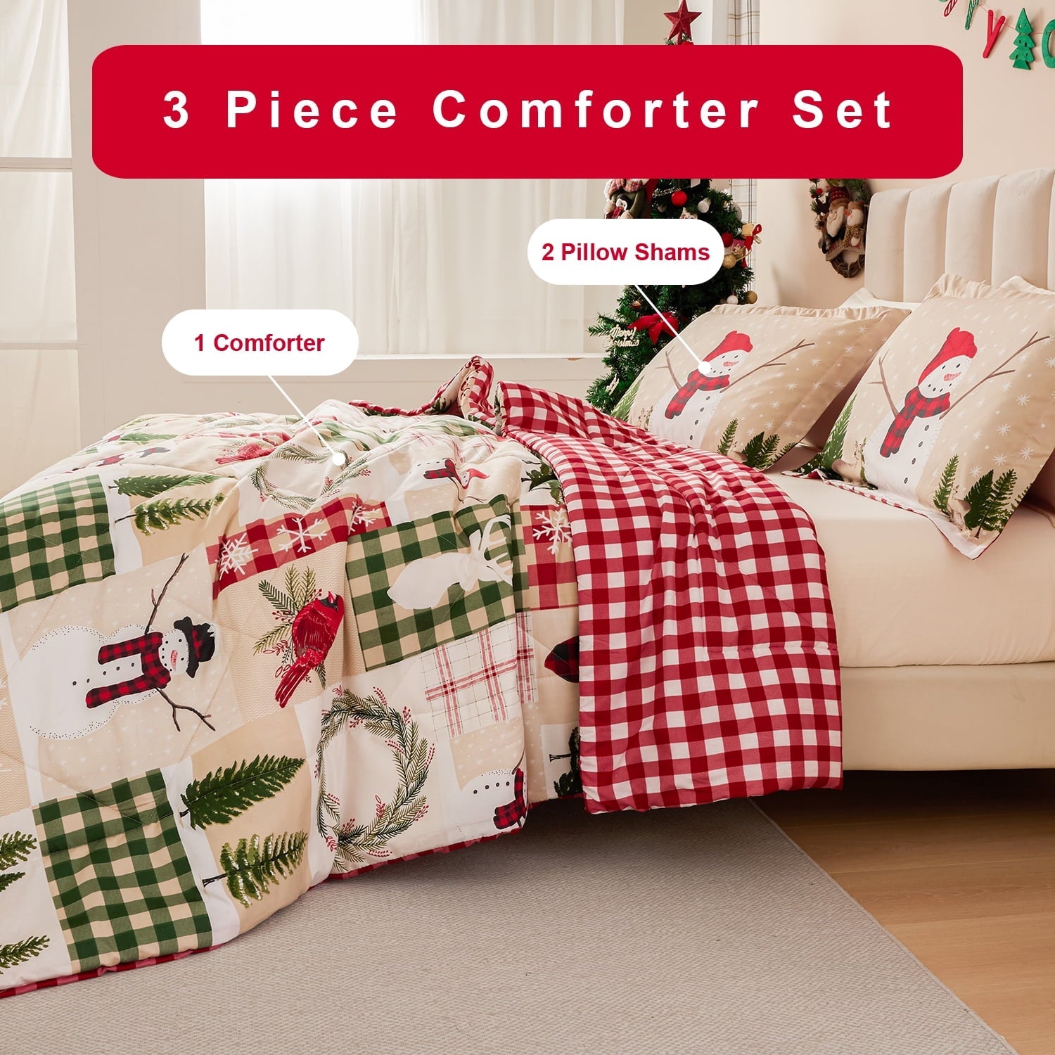 Heavyweight Warmth 3 Pcs Christmas Comforter Set, Bed in a Bag Wreath Snowman Queen/Full Size Xmas Bedding Set Fitted Pillowcases for Adult - Hypoallergenic Ultra-Fluffy Quilt for Winter Detail