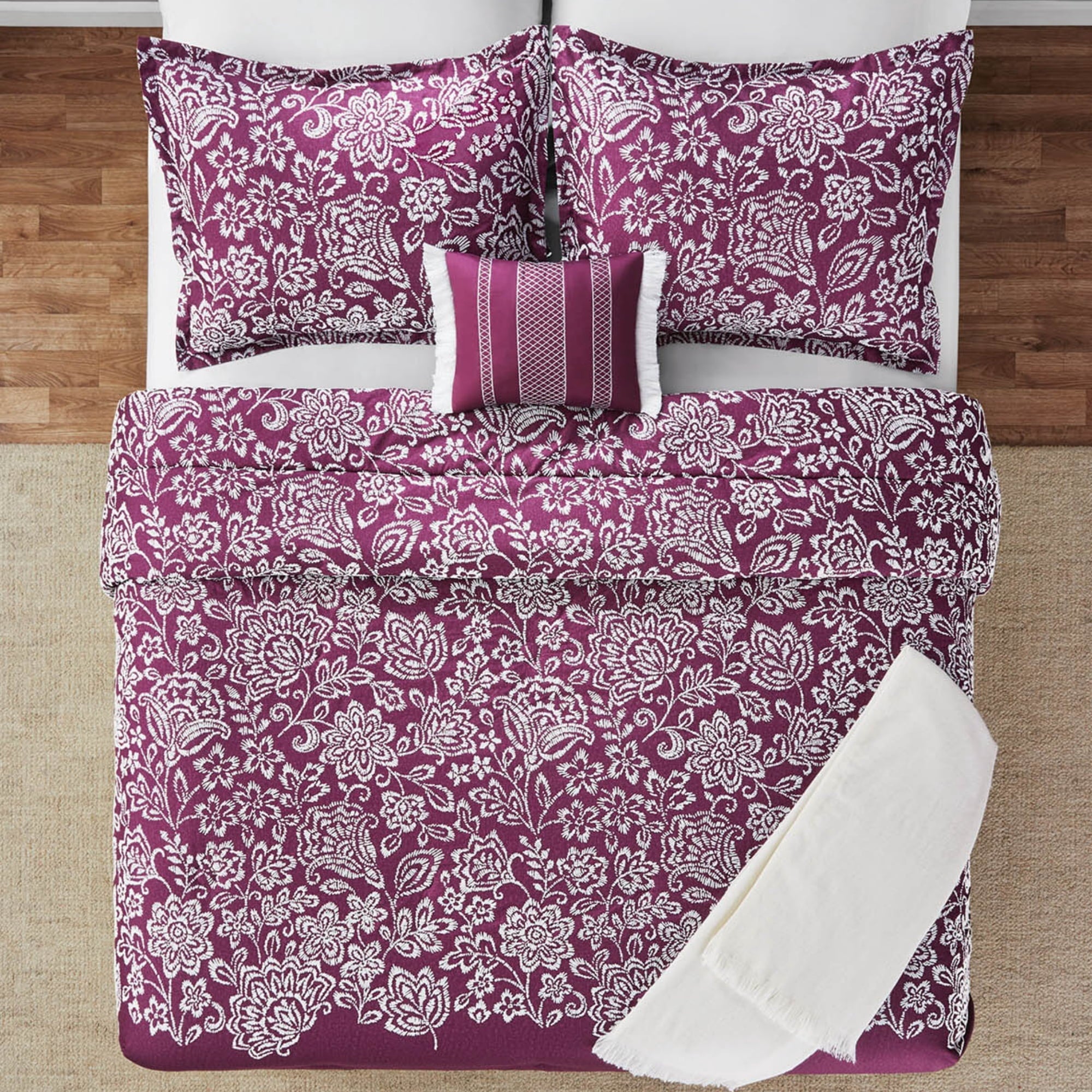 Heavyweight Warmth 5-Piece Jacquard Comforter Set with Decor Pillow and Throw Purple Flocking Embroidery Bedding Set, Full/Queen - Luxurious Quilted Duvet Cover Set Detail