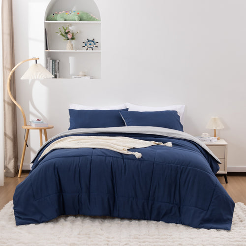 All-Season Queen Comforter Set All Season Reversible Bed Set with 2 Pillow Cases 3 Pieces Bedding Sets Down Alternative Blue/Gra... - Luxurious Quilted Duvet Cover Set Detail