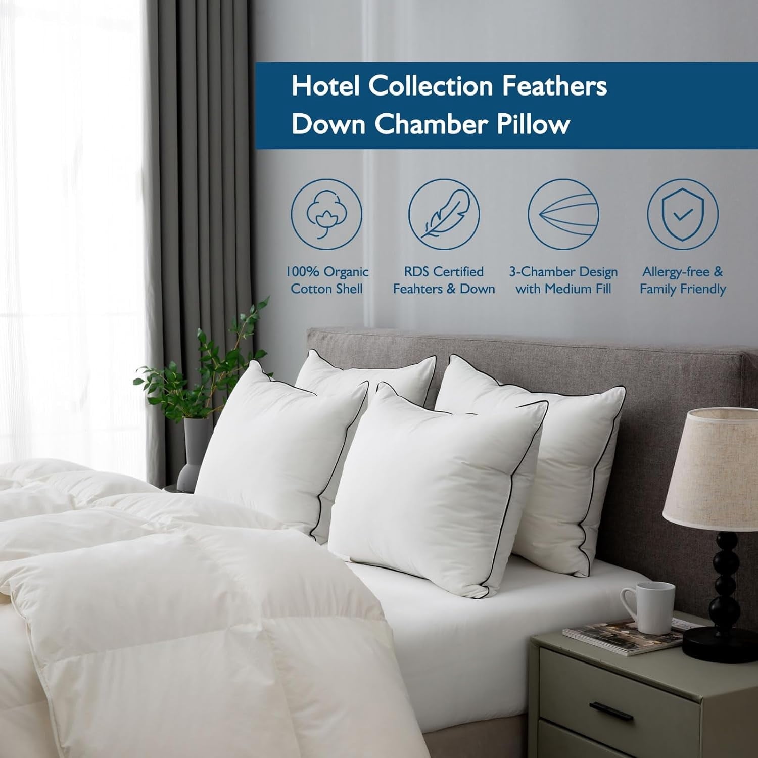 Hotel Collection Hypoallergenic 3‑Chamber Goose Feather Down Core Bed Pillows, Standard Size Set of 2, With Microfiber Surround, Soft-... - Decorative Throw Pillow Cushion for Sofa & Bed Detail