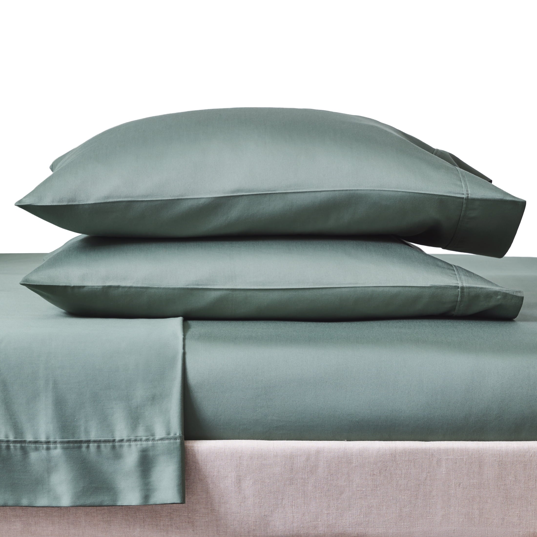 Cooling Sateen 4-Piece 300 Thread Count Green Ash Cotton Sateen Bed Sheet Set, Cali King - Breathable Egyptian Cotton Flat & Fitted Sheets Detail