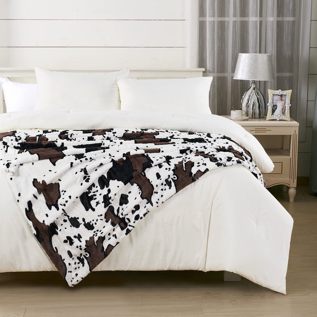 Decorative Knitted Cow Print Double Sided Faux Fur Throw Blanket, Soft Cozy Fuzzy Black and White Throw, 50x60 inches - Luxury Knitted Decorative Throw Blanket with Fringes Detail