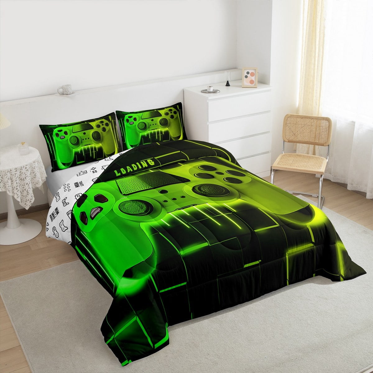 Luxurious Quilted Green Yellow Gaming Full Size Comforter Sets - Gamer Comforter Full Size Bedding Set, Neon Lights Abstract Geometry D... - All-Season Down Alternative Comforter Insert Detail