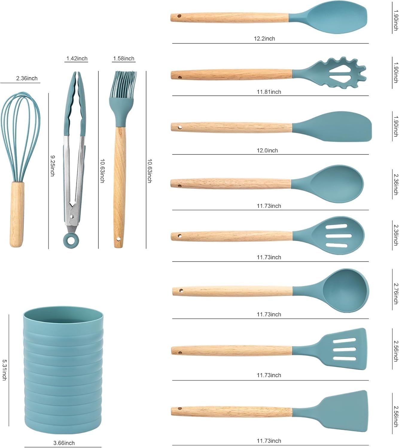 Non-Stick Safe Small Silicone Cooking Utensils with Holder Set (12Pack), Aqua Kitchen Tools with Wooden Handle for Nonstick... - Heat-Resistant Silicone Cooking Spatula Turner Detail