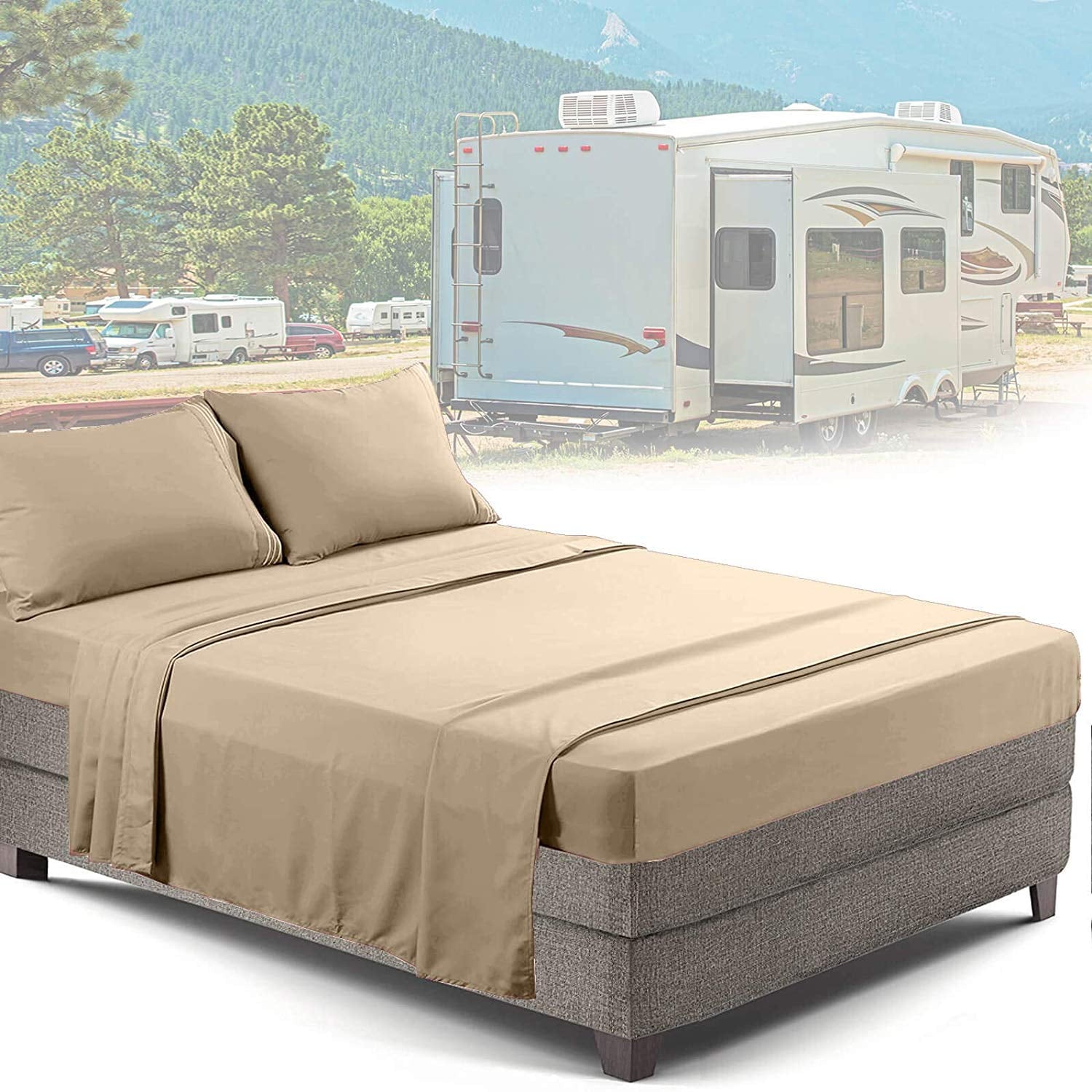 Cooling Sateen RV/Short Queen 6-Piece Bed Set for Campers - Deep Pocket Fitted Sheet Luxury Soft Microfiber, Teal - Cooling Hotel Quality Bedding Sheets and Pillowcases Detail