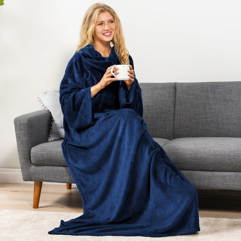 Decorative Knitted Navy Blue Fleece Wearable Blanket with Sleeves for Adults Women Men, Soft Warm Full Body Wrap Throw, Sweatshirt Pocke... - Lightweight Plush Warm Blanket for All Seasons Detail