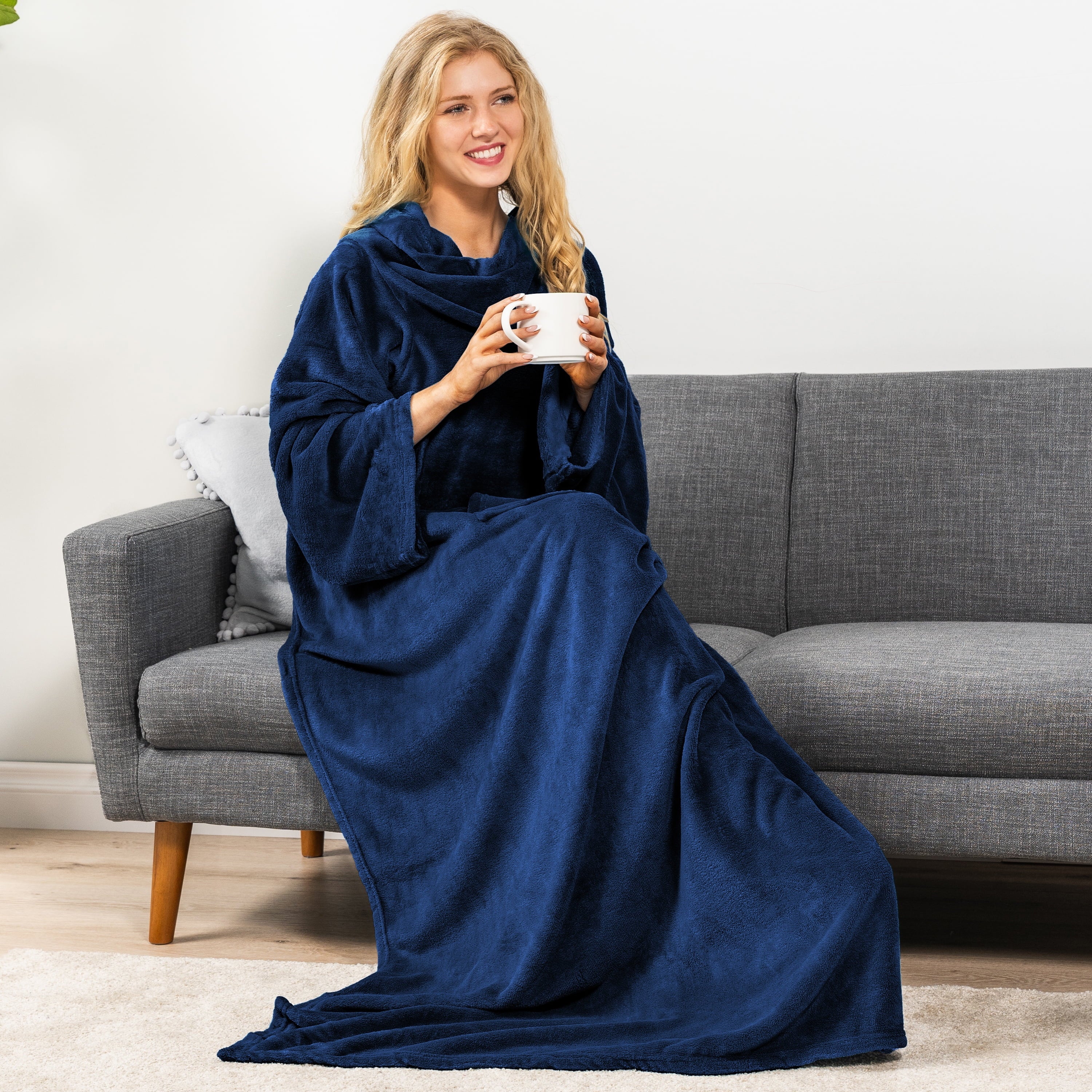 Decorative Knitted Navy Blue Fleece Wearable Blanket with Sleeves for Adults Women Men, Soft Warm Full Body Wrap Throw, Sweatshirt Pocke... - Lightweight Plush Warm Blanket for All Seasons Detail