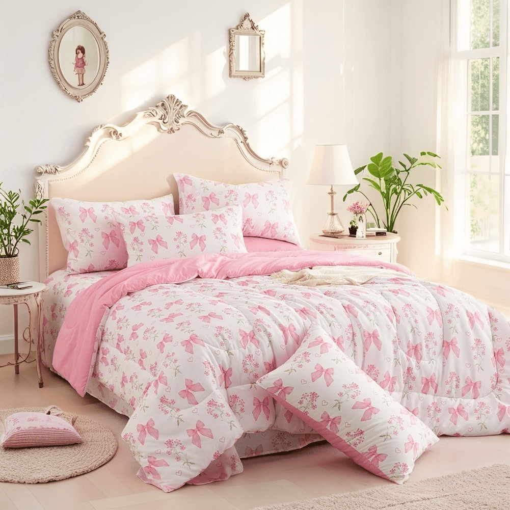 Fluffy Down Alternative Pink Bowknot Girls Comforter Set Twin Size, 3 Pieces Bows Princess Style Bedding Set for Girls for All Season - Cloud-Like Soft Lightweight Bed Comforter Detail
