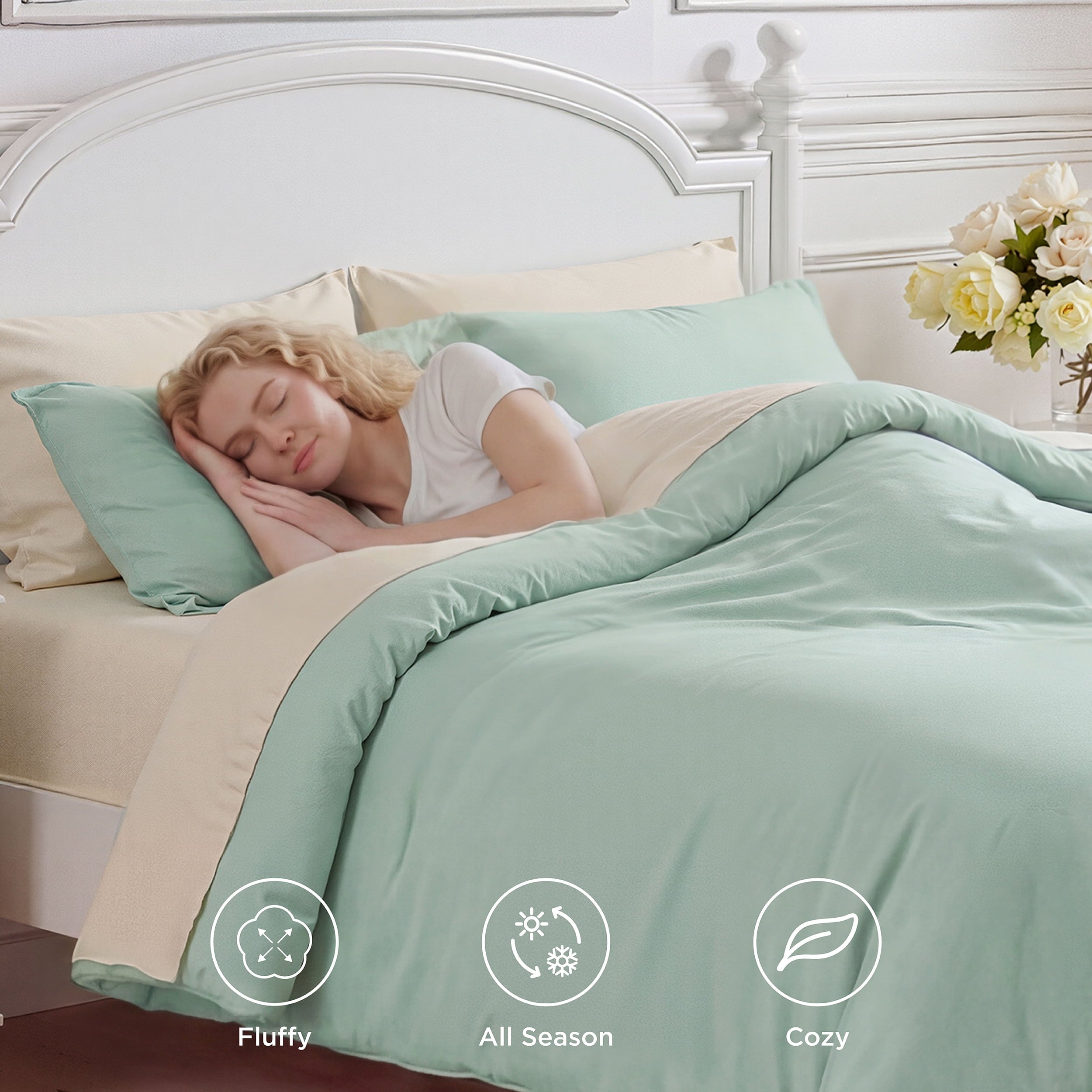 Luxurious Quilted Queen Comforter Set Sage Green, 7 Pieces Lightweight Queen Bedding Sets, Contrasting Design - Luxurious Quilted Duvet Cover Set Detail