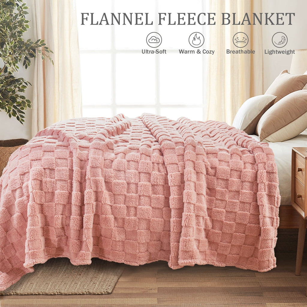 Lightweight Warm Fleece Throw Blanket for Couch, Super Soft Warm Lightweight Checkered Pattern Blanket for All Seasons, Pink, 50"x60" - Luxury Knitted Decorative Throw Blanket with Fringes Detail