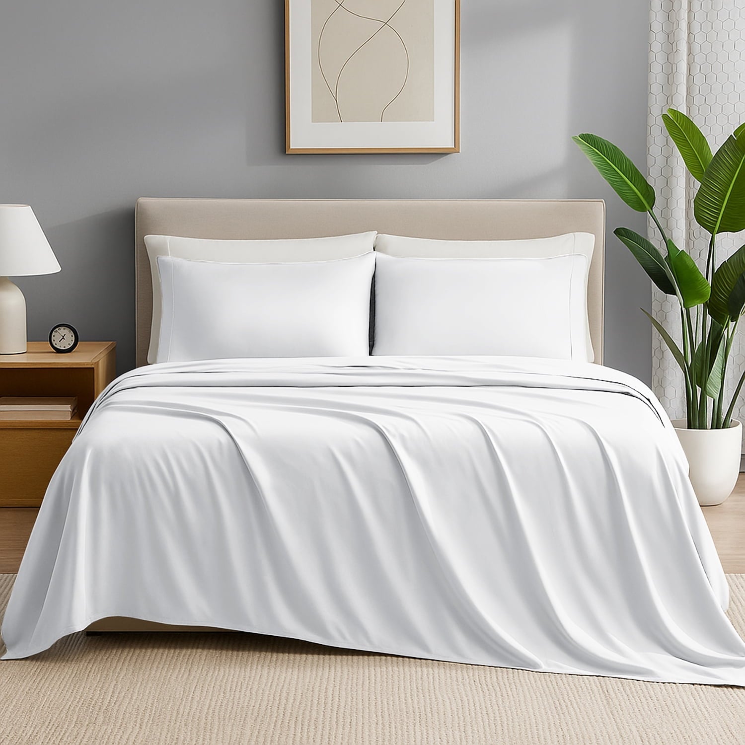 Cooling Sateen IR 3 Piece 1800 Series Deep Pocket Soft Microfiber Solid Bed Sheet Set for Kids, White Twin Size - Breathable Egyptian Cotton Flat & Fitted Sheets Detail