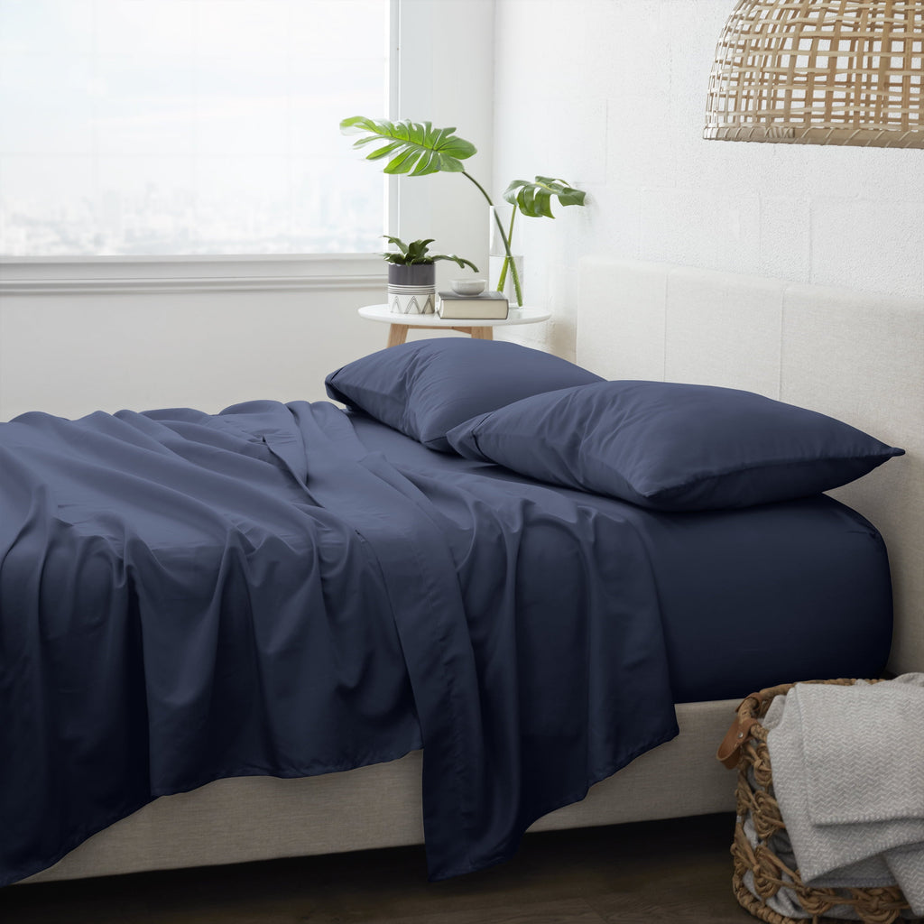 Cooling Sateen 4 Piece Solid Microfiber Bed Sheet Set, Navy, Queen - Cooling Hotel Quality Bedding Sheets and Pillowcases Detail