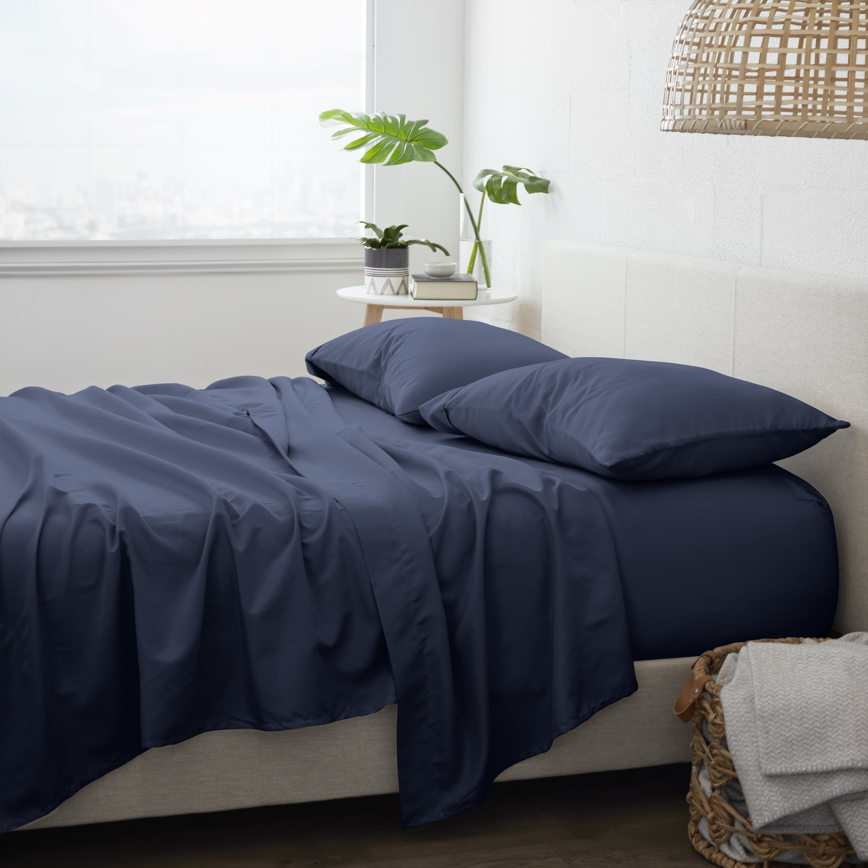 Cooling Sateen 4 Piece Solid Microfiber Bed Sheet Set, Navy, Queen - Cooling Hotel Quality Bedding Sheets and Pillowcases Detail