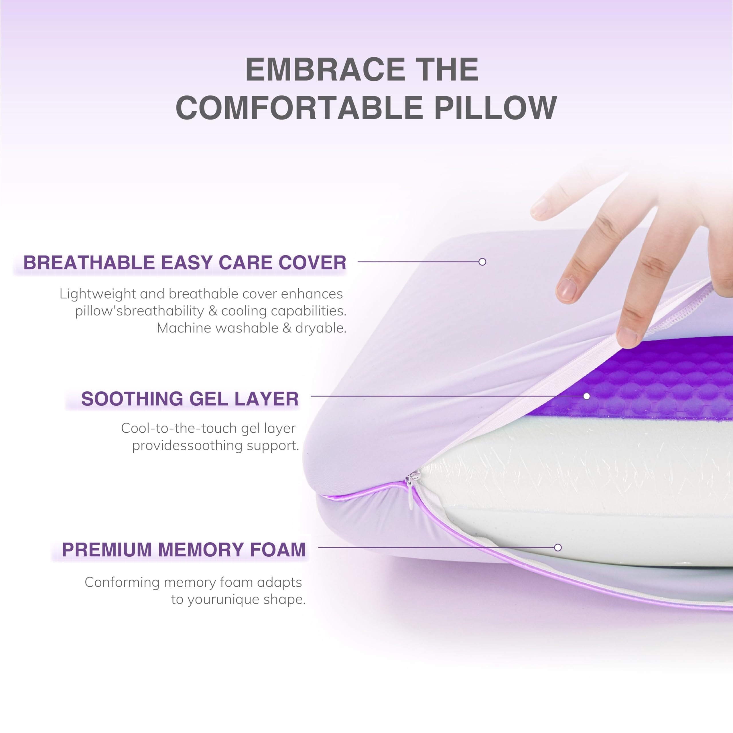 Orthopedic Support Memory Foam Pillow, Cooling Gel Bed Pillow, Queen, Purple - Orthopedic Shredded Foam Bed Pillow Set Detail