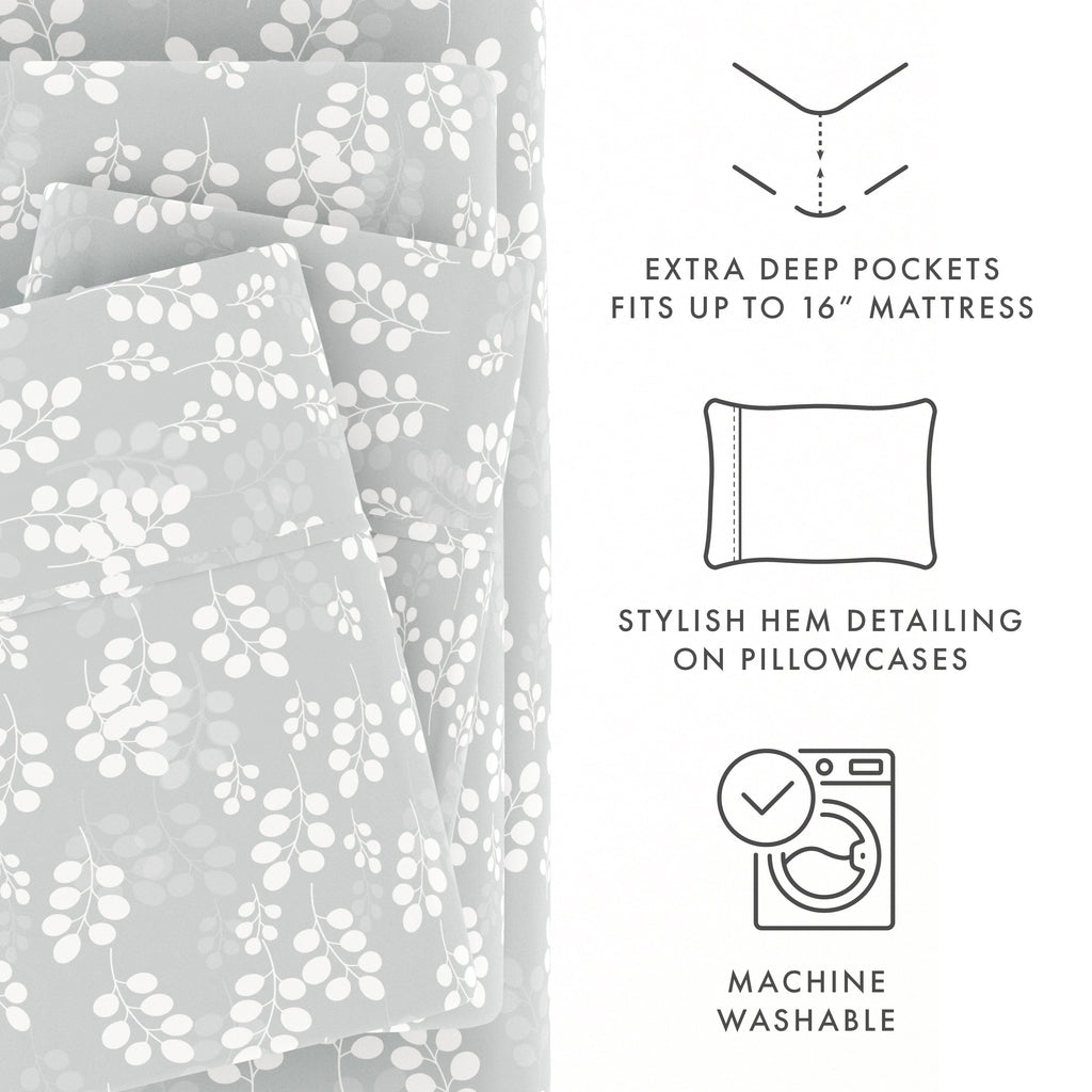 Cooling Sateen 4 Piece Pattern Microfiber Bed Sheets Set, Gray Wheat, Full - Luxury Bed Sheet Set with Deep Pockets Detail