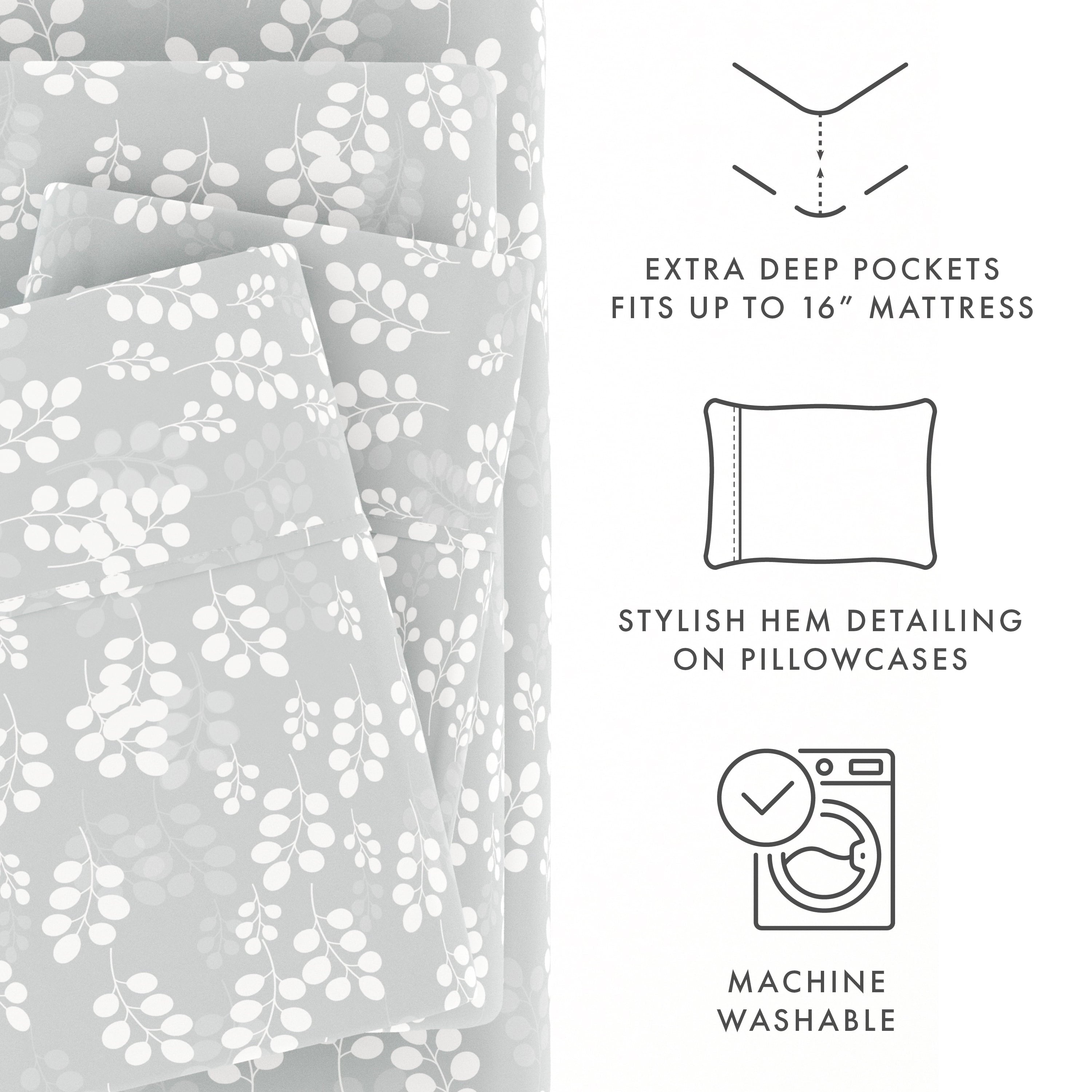 Cooling Sateen 4 Piece Pattern Microfiber Bed Sheets Set, Gray Wheat, Full - Luxury Bed Sheet Set with Deep Pockets Detail