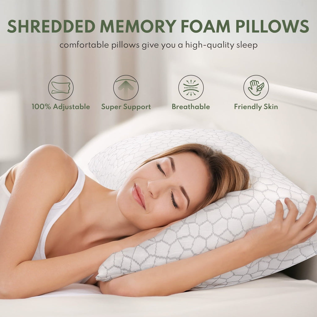 Ergonomic Memory Foam Queen Size Bed Pillows 4-Pack,3.3lb Shredded Memory Foam Filled,Hyper Soft & 3D Breathable Cooling Desigh Cover Fitti... - Hotel Quality Plush Sleeping Pillows Detail