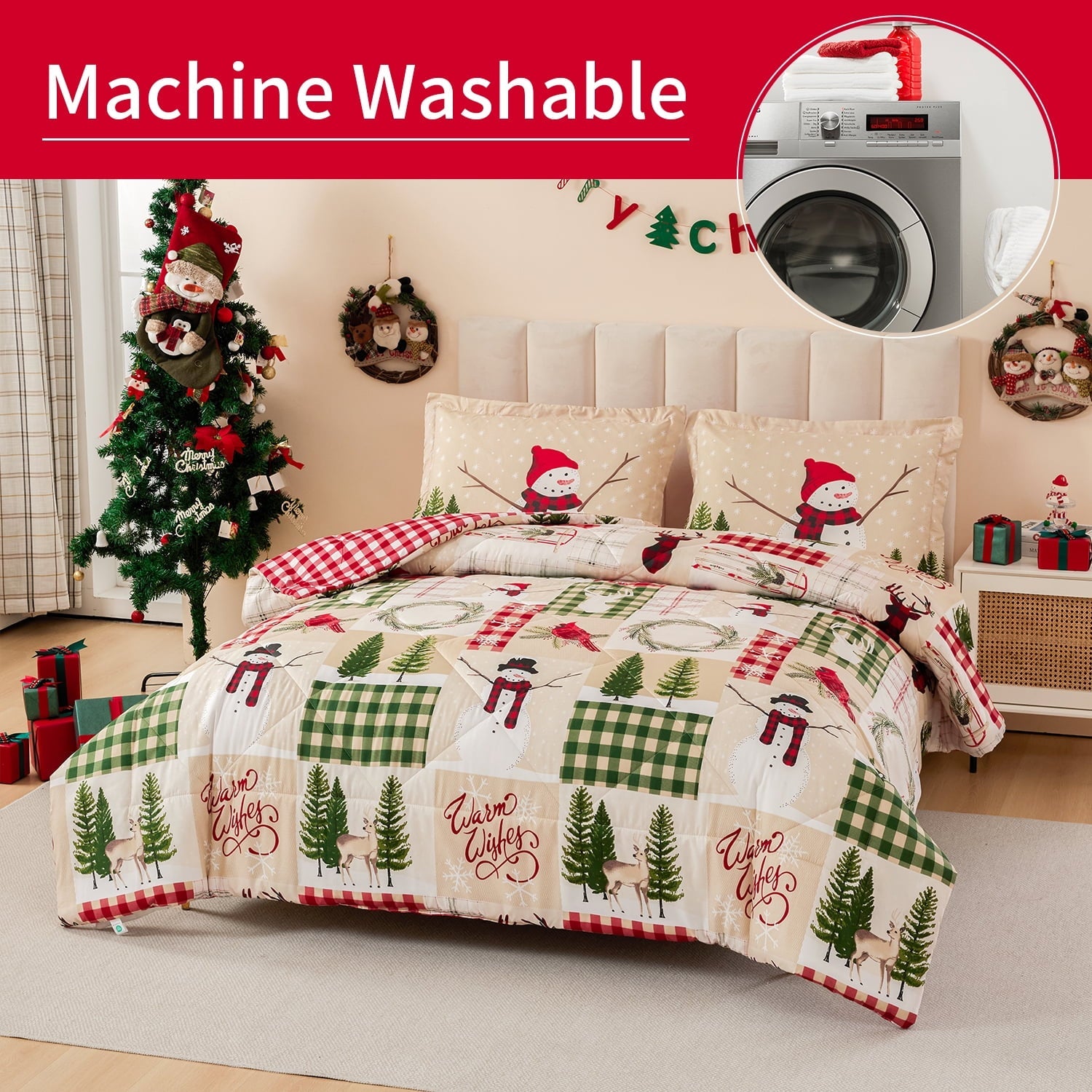 Heavyweight Warmth 3 Pcs Christmas Comforter Set, Bed in a Bag Wreath Snowman Queen/Full Size Xmas Bedding Set Fitted Pillowcases for Adult - Hypoallergenic Ultra-Fluffy Quilt for Winter Detail