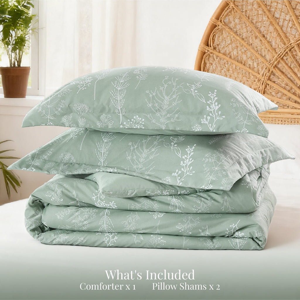 Hypoallergenic Cloud 3 Pieces Sage Green Floral Comforter Sets, 1 Botanical Flowers Reversible Comforter and 2 Pillow Shams, Queen Size Be... - Luxurious Quilted Duvet Cover Set Detail