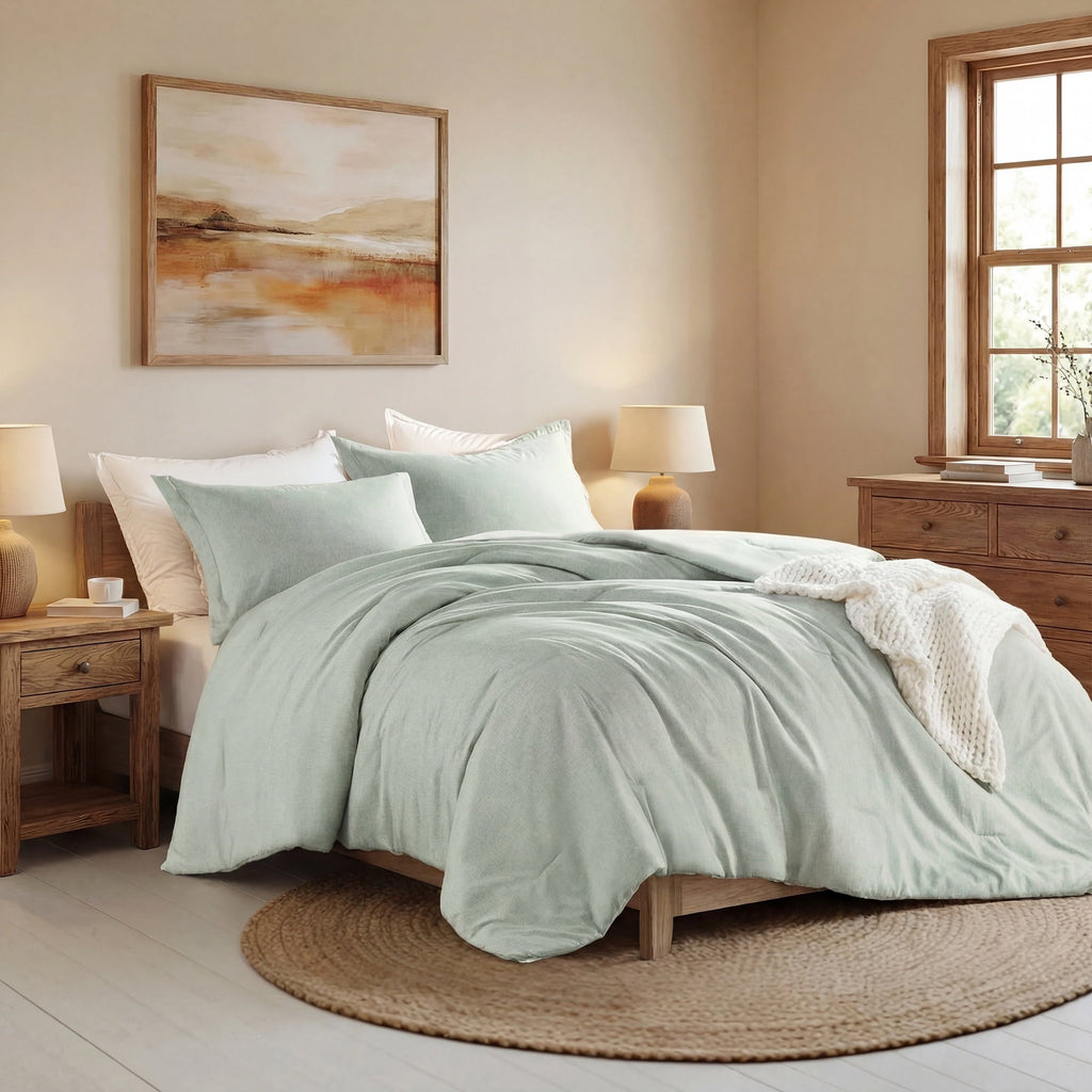 Luxurious Quilted Full/Queen Comforter Sets, Reversible 3 Piece Extra Soft Bedding Set, Chambray Print Sage Green Comforter Bed Set wit... - Hypoallergenic Ultra-Fluffy Quilt for Winter Detail