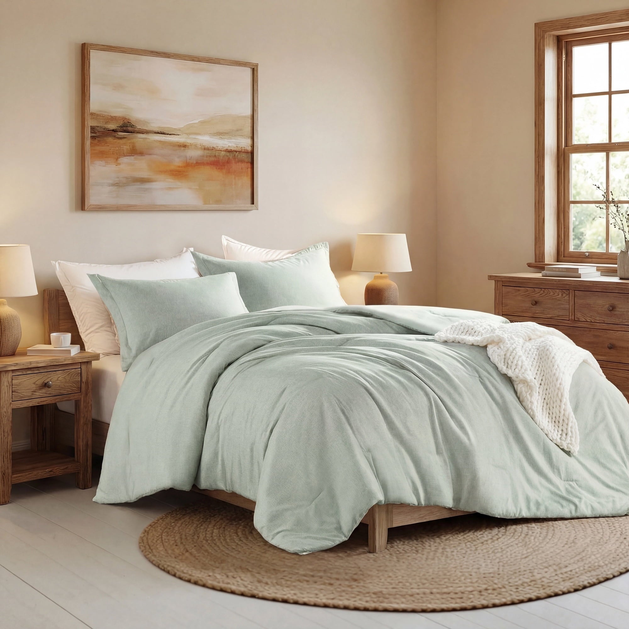Luxurious Quilted Full/Queen Comforter Sets, Reversible 3 Piece Extra Soft Bedding Set, Chambray Print Sage Green Comforter Bed Set wit... - Hypoallergenic Ultra-Fluffy Quilt for Winter Detail