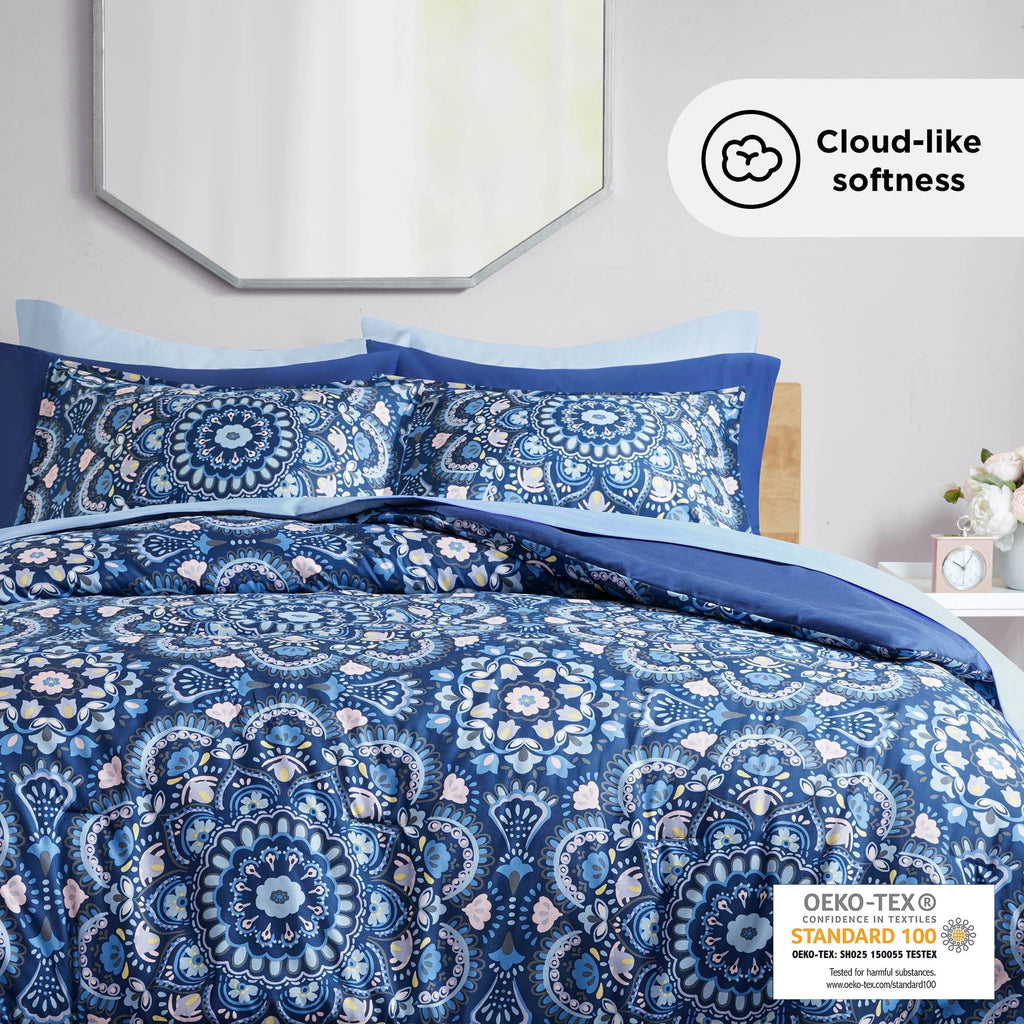 Fluffy Down Alternative Queen Size Comforter Set, 9-Piece Bed in a Bag Queen, Navy Blue Bedding Comforter Set with Comforter, Flat Sheets, Fi... - All-Season Down Alternative Comforter Insert Detail